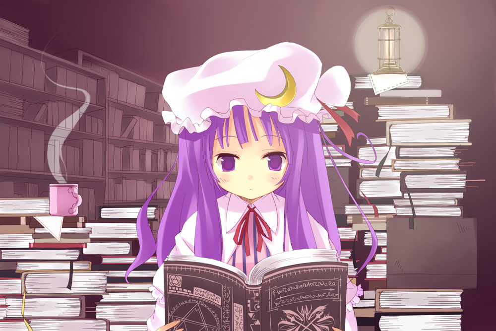 amaa (chou dennou jidai), patchouli knowledge, touhou, bad id, bad pixiv id, 1girl, book, crescent, cup, female focus, hat, lantern, library, long hair, mug, purple eyes, purple hair, solo, voile