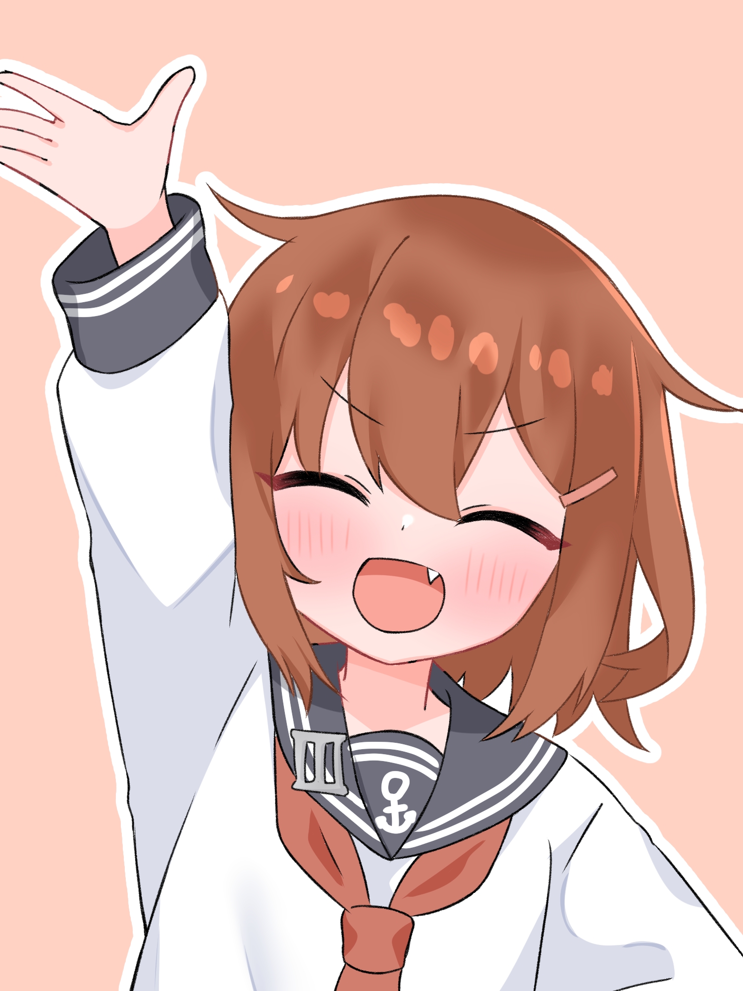 matu (matu19), ikazuchi (kancolle), kantai collection, highres, 1girl, anchor print, anchor symbol, arm up, blush, brown hair, closed eyes, fang, hair ornament, hairclip, long sleeves, looking at viewer, neckerchief, open mouth, pin, pink background, print shirt, red neckerchief, school uniform, serafuku, shirt, short hair, smile, standing, upper body, waving, white shirt