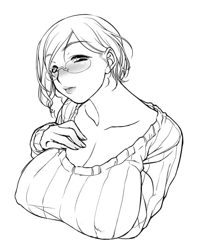 asakura sakura, bad id, bad pixiv id, character request, blush, breasts, cleavage, covered erect nipples, glasses, greyscale, huge breasts, lips, monochrome, short hair, sketch, solo, sweater