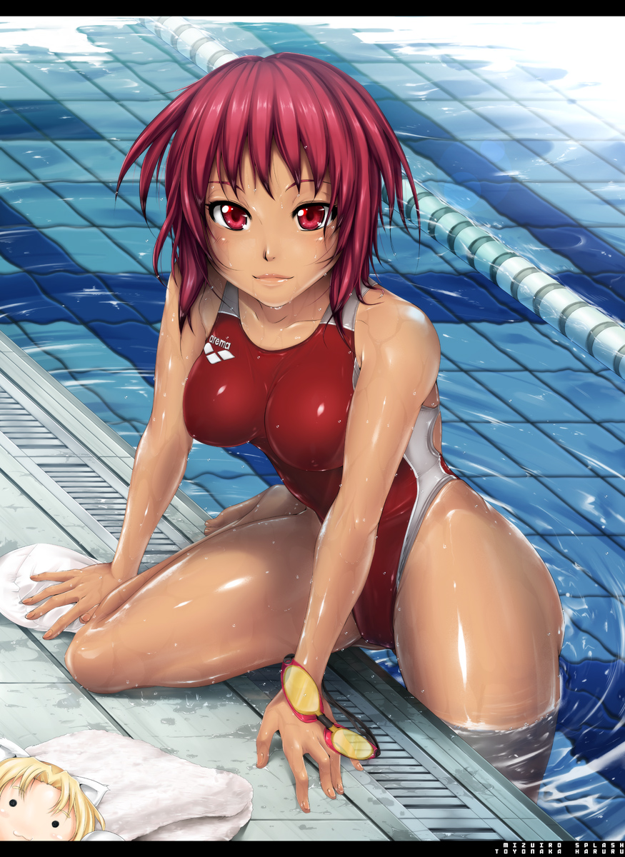 inoue makito, original, highres, 1girl, :3, animal ears, arm support, bare shoulders, barefoot, breasts, collarbone, competition swimsuit, doll, female focus, fingernails, goggles, hip focus, lane line, legs, letterboxed, light smile, lips, looking at viewer, one-piece swimsuit, outdoors, pool, poolside, red eyes, red hair, red one-piece swimsuit, ripples, shiny skin, short hair, smile, solo, swim cap, swimsuit, tan, thighs, towel, unworn goggles, water, wet