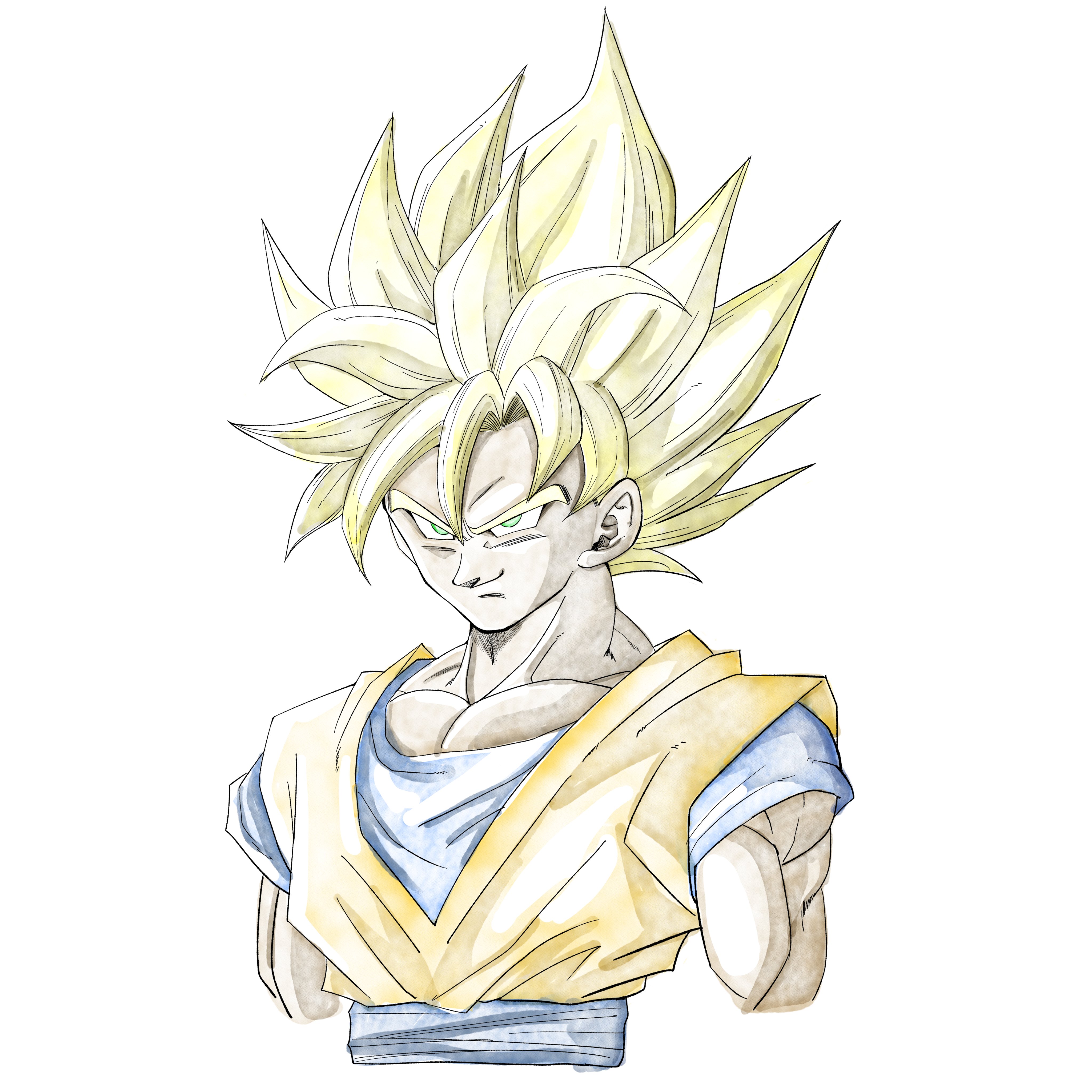 son goku, dragon ball, dragonball z, absurdres, highres, 1boy, 1rasutotoukou, blonde hair, blue sash, blue shirt, dougi, green eyes, medium hair, muscular, muscular male, orange shirt, sash, shirt, simple background, smirk, solo, spiked hair, super saiyan, super saiyan 1, white background