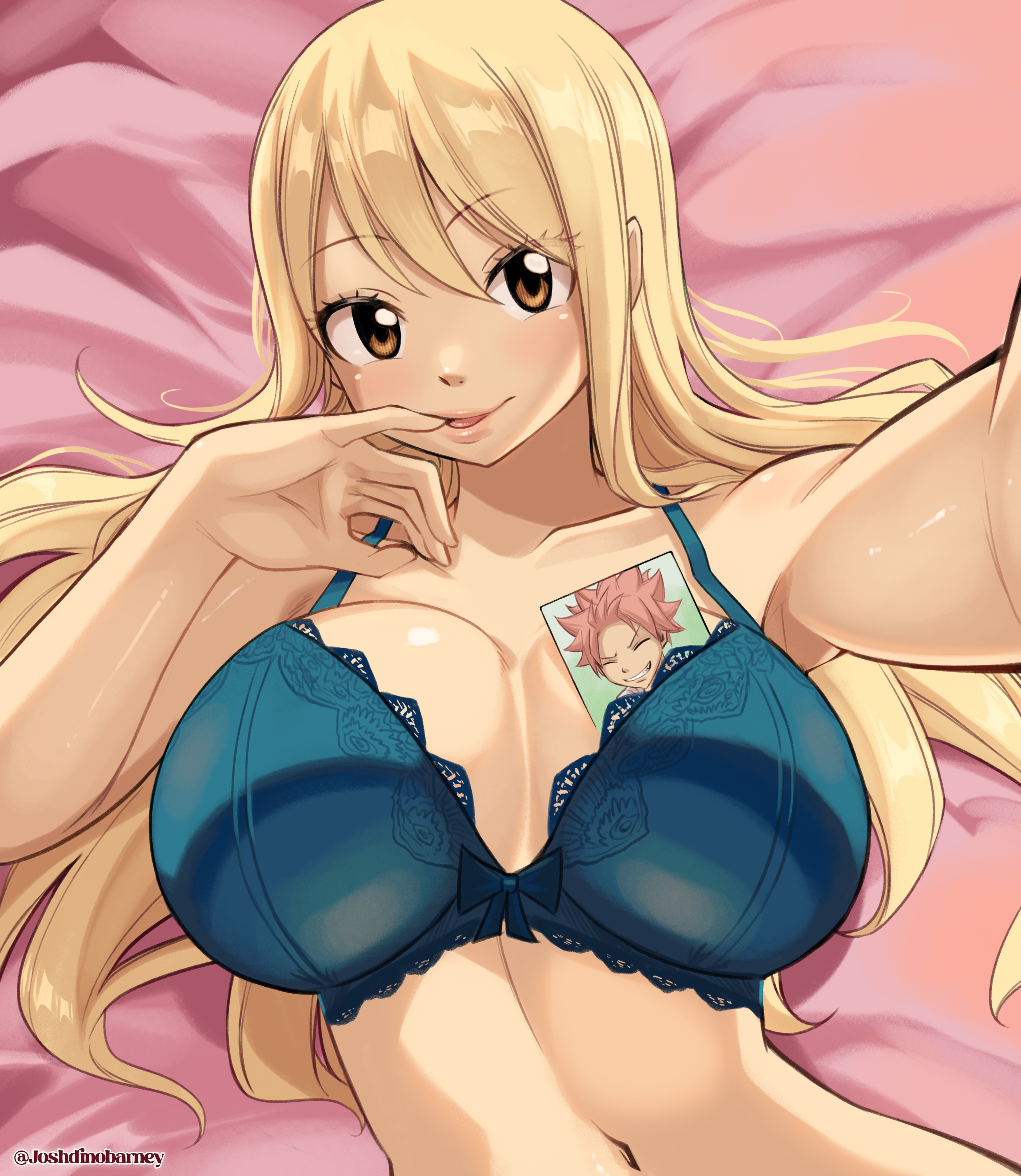 joshdinobarney, lucy heartfilia, natsu dragneel, fairy tail, absurdres, highres, 1girl, bed, bed sheet, blonde hair, blue bow, blue bra, bow, bow bra, bra, breasts, brown eyes, collarbone, finger in own mouth, fingersmile, from above, hand up, huge breasts, lace, lace-trimmed bra, lace trim, long hair, looking at viewer, lying, navel, on back, on bed, outstretched arm, parted lips, photo (object), pink hair, selfie, smile, solo, underwear, upper body