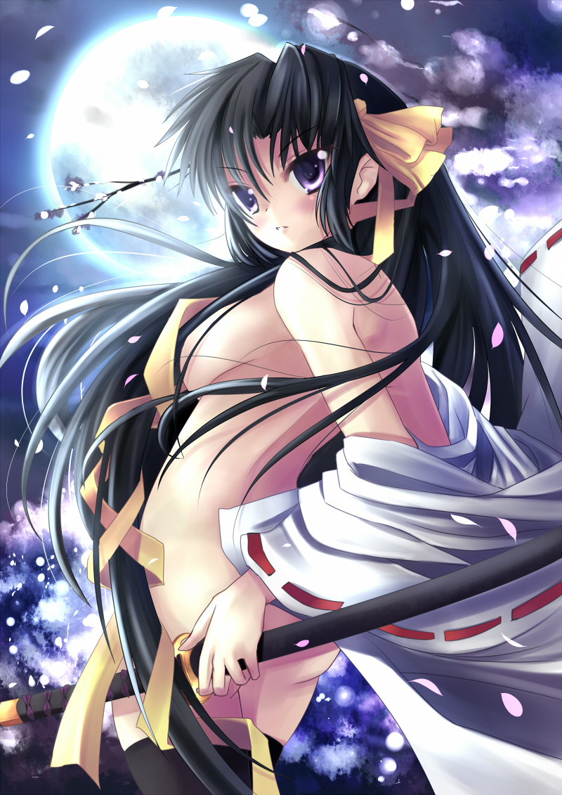 xephonia, kurugaya yuiko, little busters!, 1girl, breasts, cherry blossoms, female focus, hair ribbon, japanese clothes, katana, large breasts, long hair, moon, nude, ribbon, solo, sword, thighhighs, very long hair, weapon