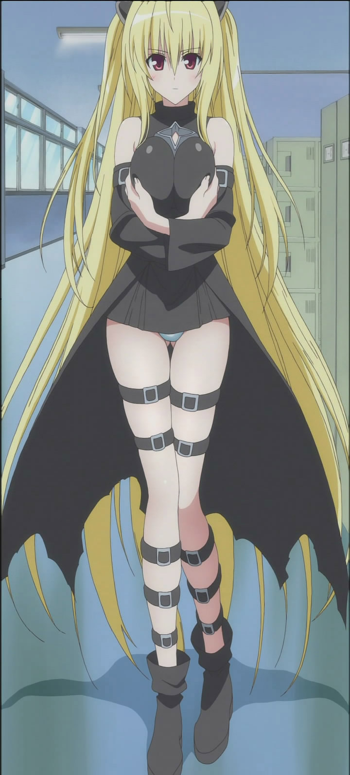 konjiki no yami, to love-ru, breast hold, anime screenshot, bad aspect ratio, highres, stitched, third-party edit, 00s, 1girl, age progression, aged up, alternate breast size (larger), belt, blonde hair, boots, breast expansion, breasts, breasts squeezed together, cleavage, detached sleeves, female focus, large breasts, legs, long hair, looking at viewer, panties, solo, thigh strap, underwear