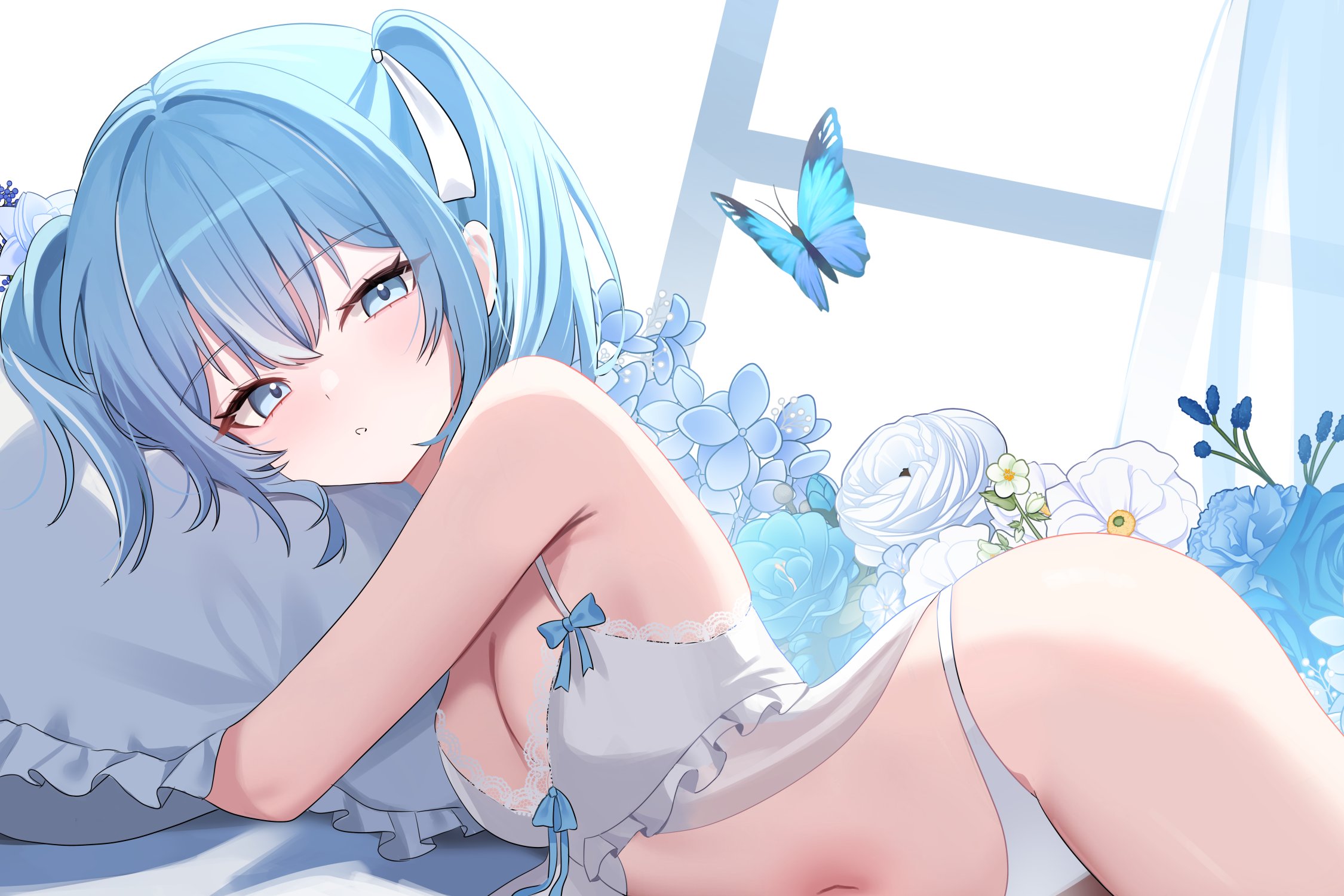 nannung, arahashi tabi, stellive, commentary, highres, 1girl, armpit crease, babydoll, bare shoulders, blue eyes, blue hair, breasts, bug, butterfly, cleavage, hair ribbon, hugging object, insect, lace trim, lingerie, long hair, looking at viewer, lying, medium breasts, navel, on side, panties, parted lips, pillow, pillow hug, ribbon, solo, stomach, twintails, underwear, virtual youtuber, white babydoll, white panties