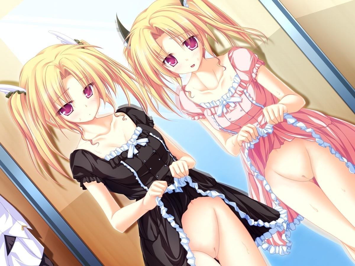 tenmaso, nina geminis, rena geminis, magus tale, nude filter, third-party edit, 2girls, blonde hair, blush, clothes lift, dress, dress lift, multiple girls, purple eyes, pussy, ribbon, siblings, sisters, twins, twintails, uncensored