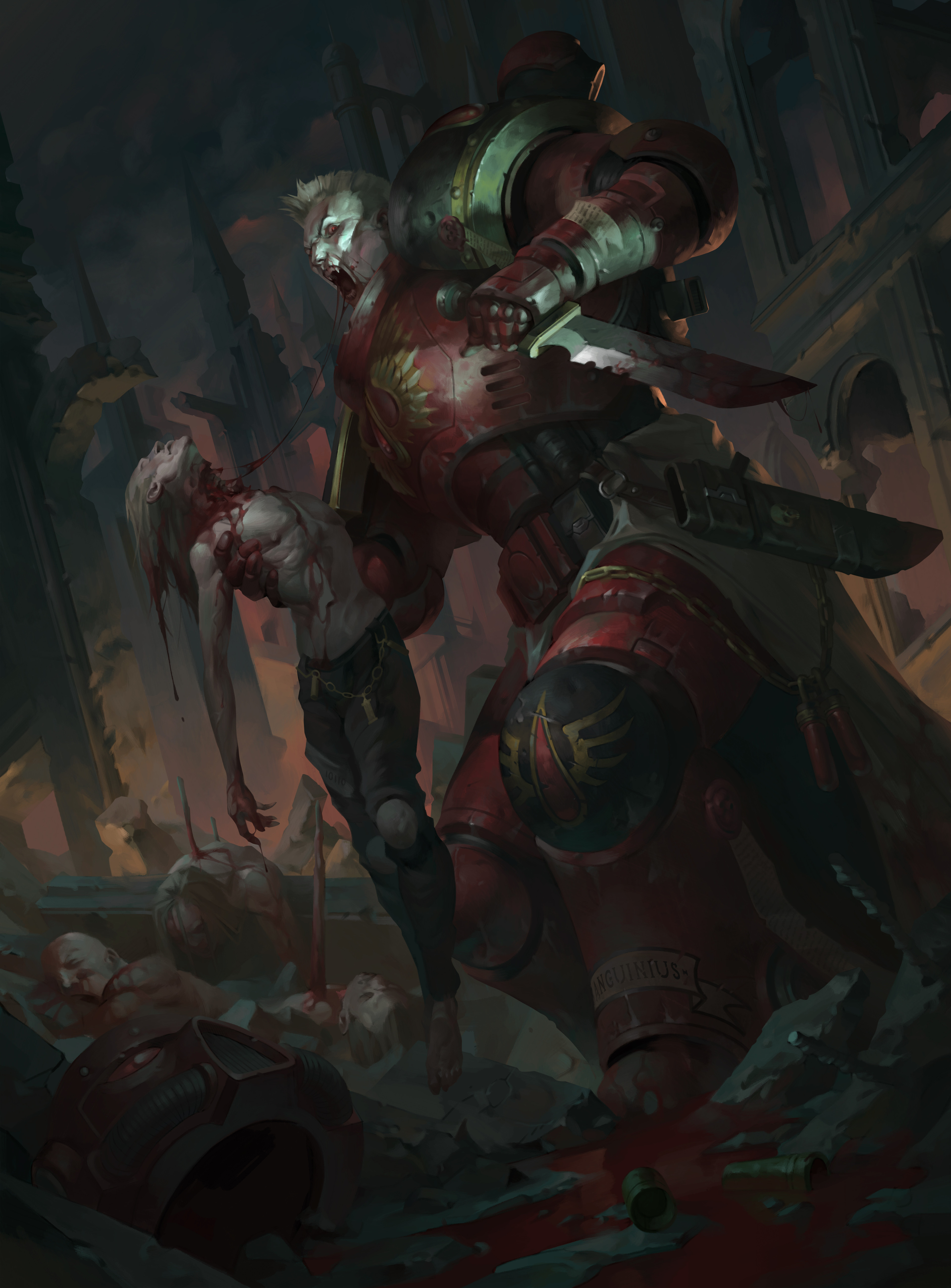 alexeykruglov, adeptus astartes, blood angels, warhammer 40k, absurdres, highres, 1boy, carrying corpse, combat knife, corpse, helmet, holding, holding knife, knife, male focus, ruins, shell casing, solo, unworn headwear, unworn helmet, weapon