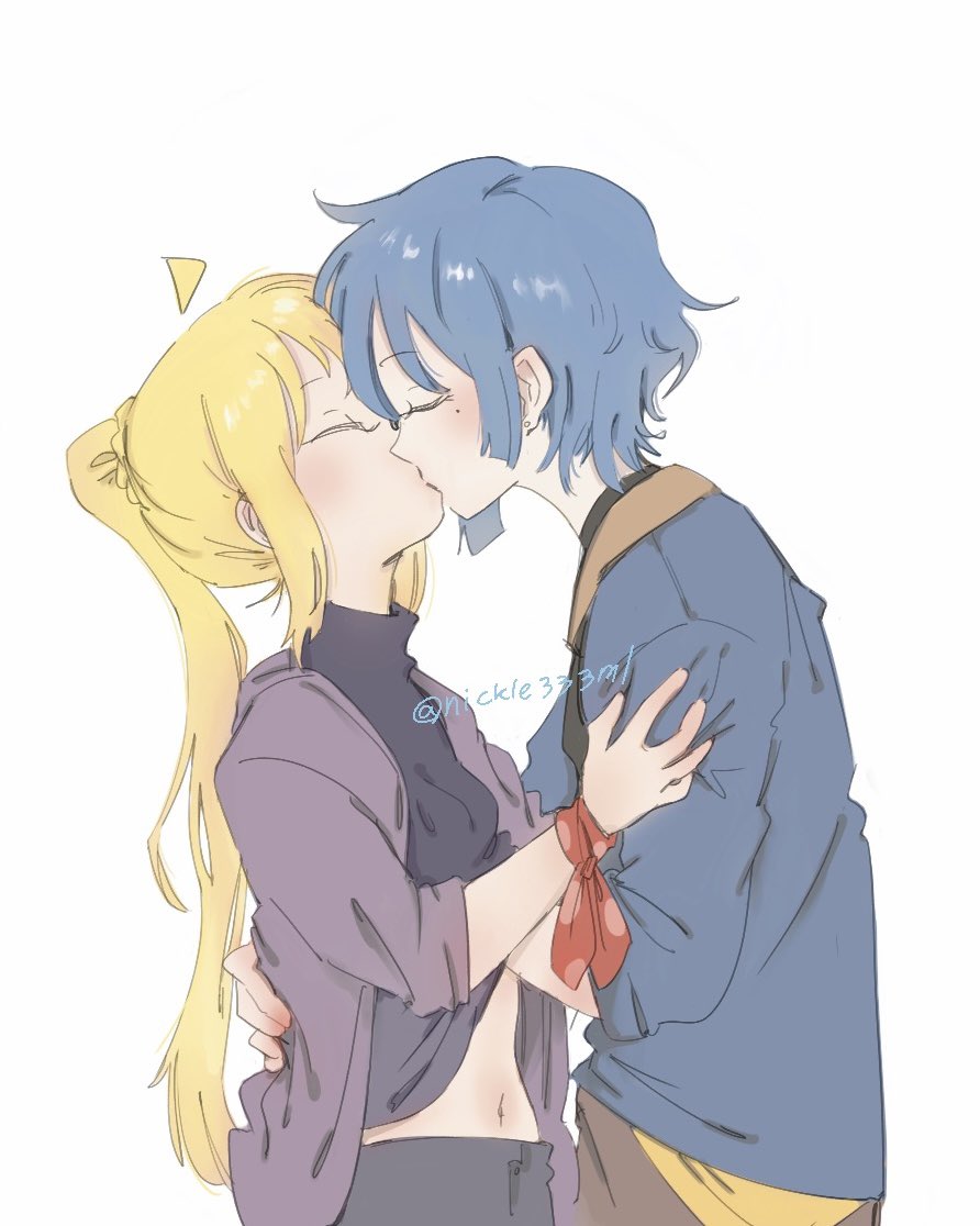 ijichi nijika, yamada ryo, bocchi the rock!, commentary, 2girls, ahoge, black shirt, blonde hair, blue hair, blue shirt, closed eyes, detached ahoge, earrings, grabbing another's breast, groping, hand on another's back, hand under clothes, hood, hoodie, jewelry, kiss, mole, mole under eye, multiple girls, nickle333ml, ponytail, purple hoodie, shirt, short hair, simple background, stud earrings, twitter username, white background, yuri