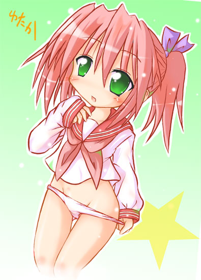 kamashi, kobayakawa yutaka, lucky star, 00s, blush, bottomless, green eyes, hair ribbon, loli, long hair, long sleeves, no pants, panties, panty pull, pink hair, pink panties, ponytail, ribbon, school uniform, serafuku, simple background, solo, standing, star (symbol), thigh gap, thighs, underwear