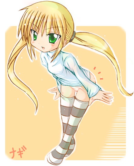kamashi, sanzen'in nagi, hayate no gotoku!, 00s, 1girl, blonde hair, blush, female focus, green eyes, leaning forward, loli, long hair, long sleeves, no pants, panties, panty pull, pink panties, shirt, simple background, solo, standing, striped clothes, striped thighhighs, sweater, thigh gap, thighhighs, thighs, turtleneck, twintails, underwear