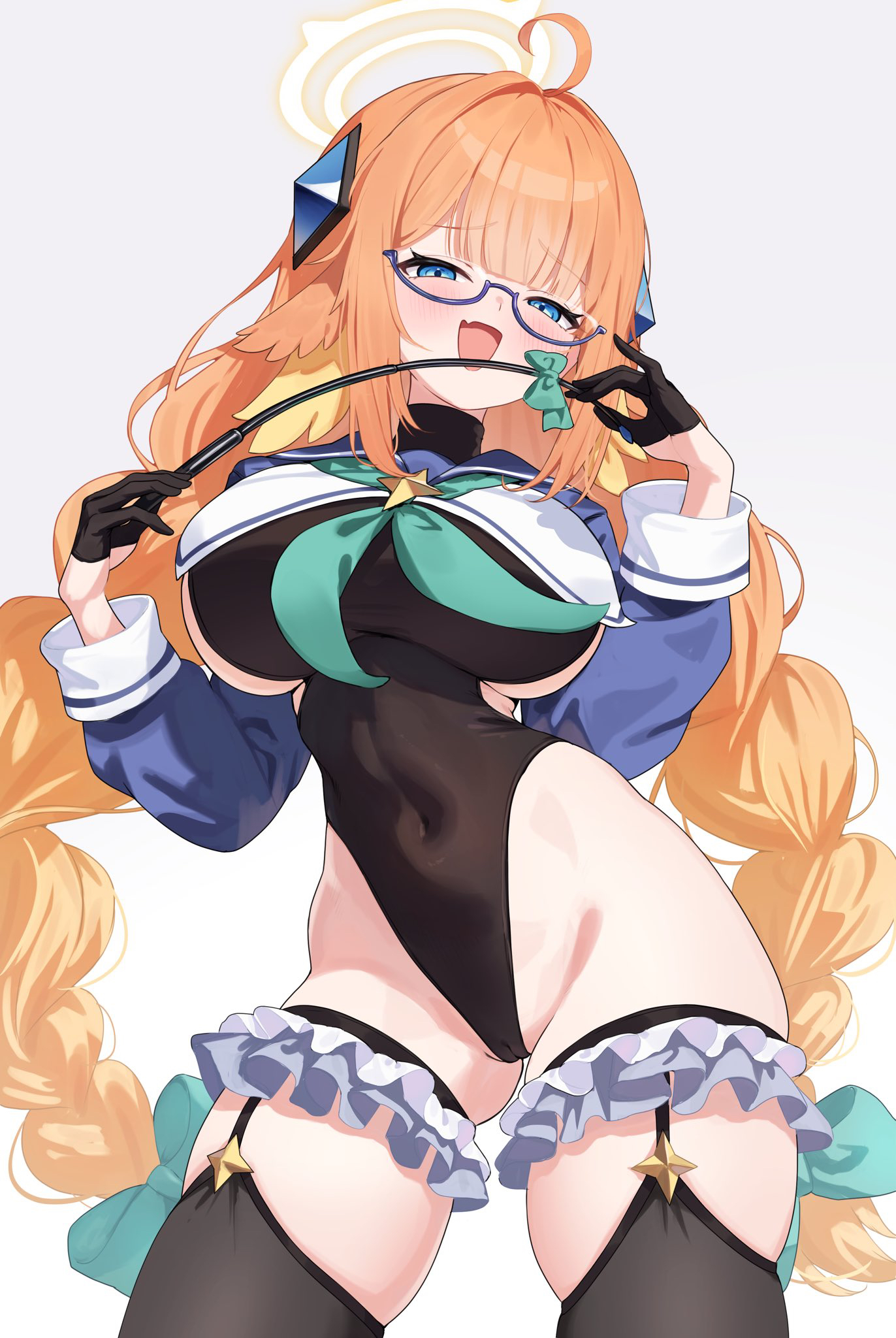 tansui san (tcjp4784), shimiko (blue archive), shimiko (magical) (blue archive), blue archive, braided twintails, commentary request, highres, 1girl, :d, ahoge, black gloves, black leotard, blue shrug, braid, breasts, covered navel, fang, feather hair, feathers, female pubic hair, frills, glasses, gloves, half gloves, halo, holding, holding riding crop, impossible clothes, impossible leotard, large breasts, leotard, long hair, looking at viewer, low twin braids, open mouth, orange hair, pubic hair, pubic hair peek, riding crop, shrug (clothing), sketch, skin fang, smile, solo, twin braids, very long hair, yellow feathers, yellow halo
