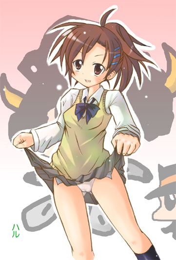 kamashi, miura haru, katekyo hitman reborn!, 00s, black socks, blush, bow, bowtie, brown eyes, brown hair, clothes lift, dress shirt, hair ornament, hairclip, kneehighs, long hair, miniskirt, panties, ponytail, shirt, skirt, skirt lift, socks, solo, standing, underwear, vest