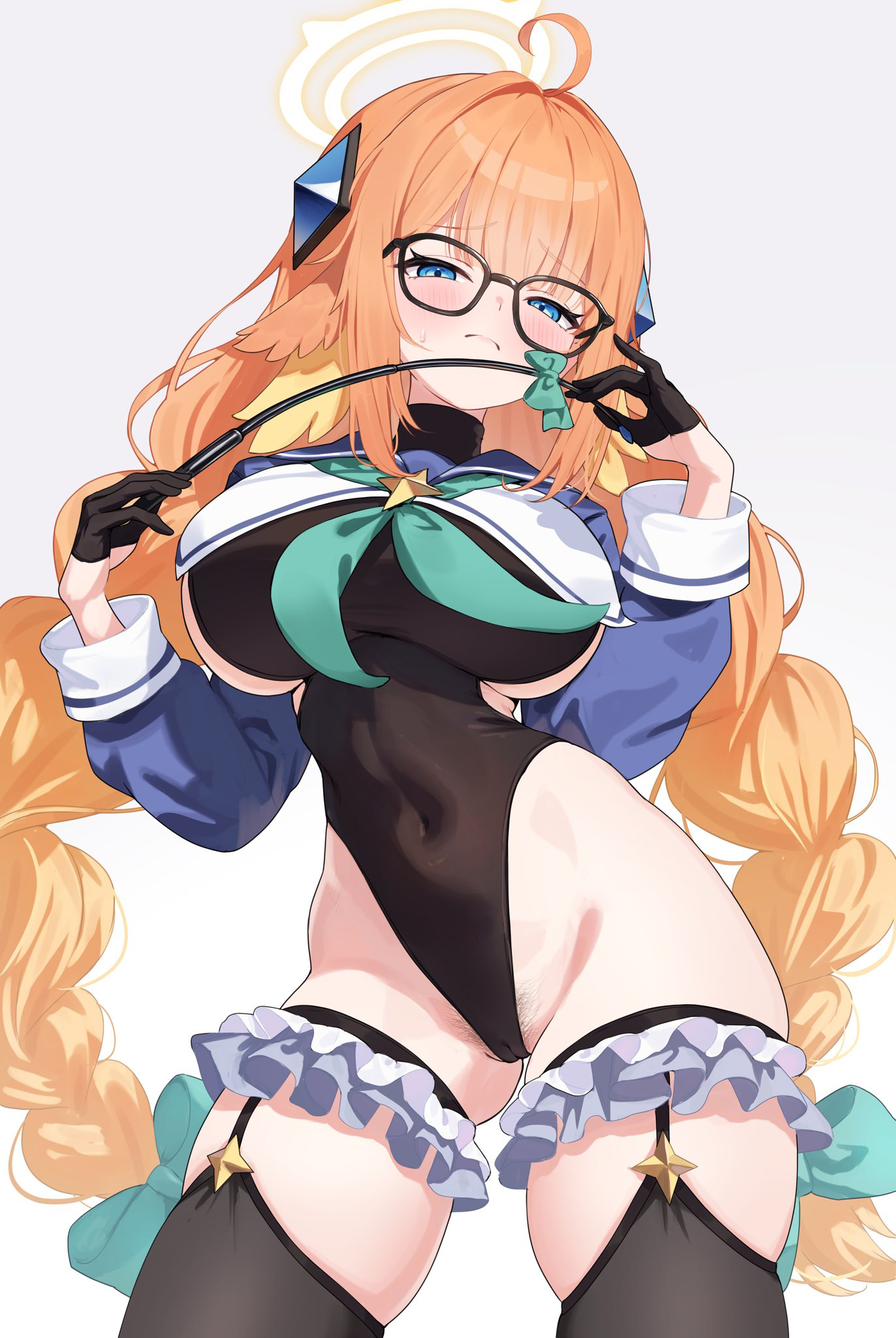 tansui san (tcjp4784), shimiko (blue archive), shimiko (magical) (blue archive), blue archive, braided twintails, commentary request, highres, 1girl, ahoge, black gloves, black leotard, blue shrug, braid, breasts, closed mouth, covered navel, fang, feather hair, feathers, female pubic hair, frills, glasses, gloves, half gloves, halo, holding, holding riding crop, impossible clothes, impossible leotard, large breasts, leotard, long hair, looking at viewer, low twin braids, orange hair, pubic hair, pubic hair peek, riding crop, shrug (clothing), sketch, skin fang, solo, twin braids, very long hair, yellow feathers, yellow halo