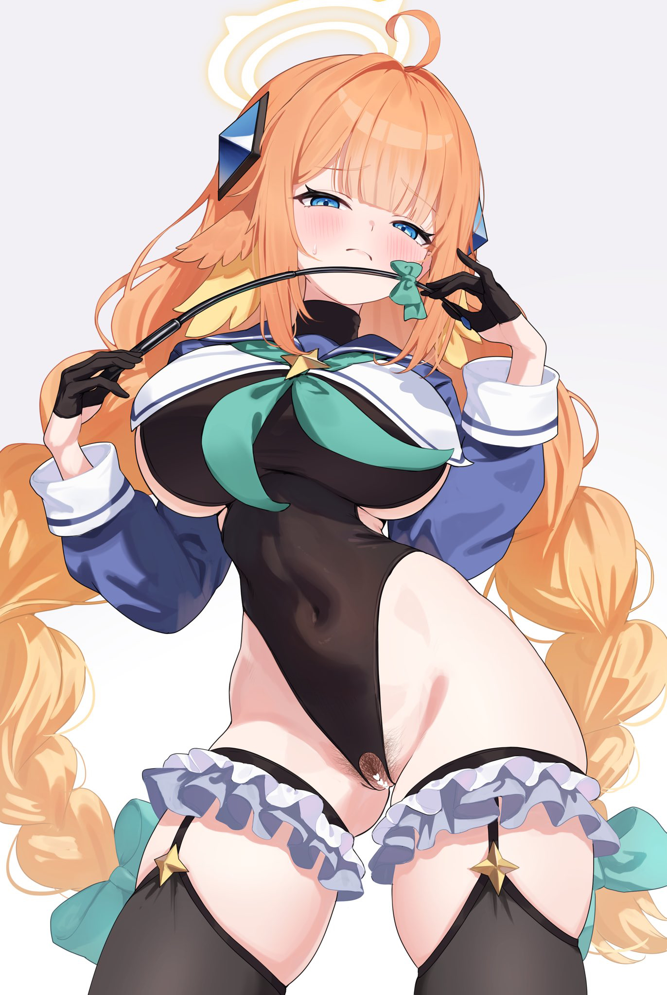 tansui san (tcjp4784), shimiko (blue archive), shimiko (magical) (blue archive), blue archive, braided twintails, commentary request, highres, 1girl, ahoge, black gloves, black leotard, blue shrug, braid, breasts, censored, closed mouth, covered navel, fang, feather hair, feathers, female pubic hair, frills, gloves, half gloves, halo, heart, heart censor, holding, holding riding crop, impossible clothes, impossible leotard, large breasts, leotard, long hair, looking at viewer, low twin braids, no eyewear, orange hair, pubic hair, pussy cutout, riding crop, shrug (clothing), sketch, skin fang, solo, sweat, twin braids, very long hair, yellow feathers, yellow halo