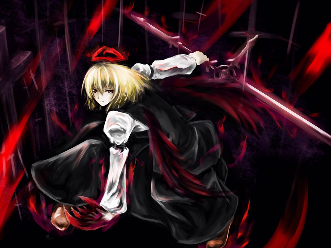 blackwing phoenix, ex-rumia, ragna the bloodedge, rumia, arc system works, blazblue, embodiment of scarlet devil, touhou, bad id, bad pixiv id, 1girl, blonde hair, female focus, parody, red eyes, rumia the bloodedge, serious, solo, sword, weapon