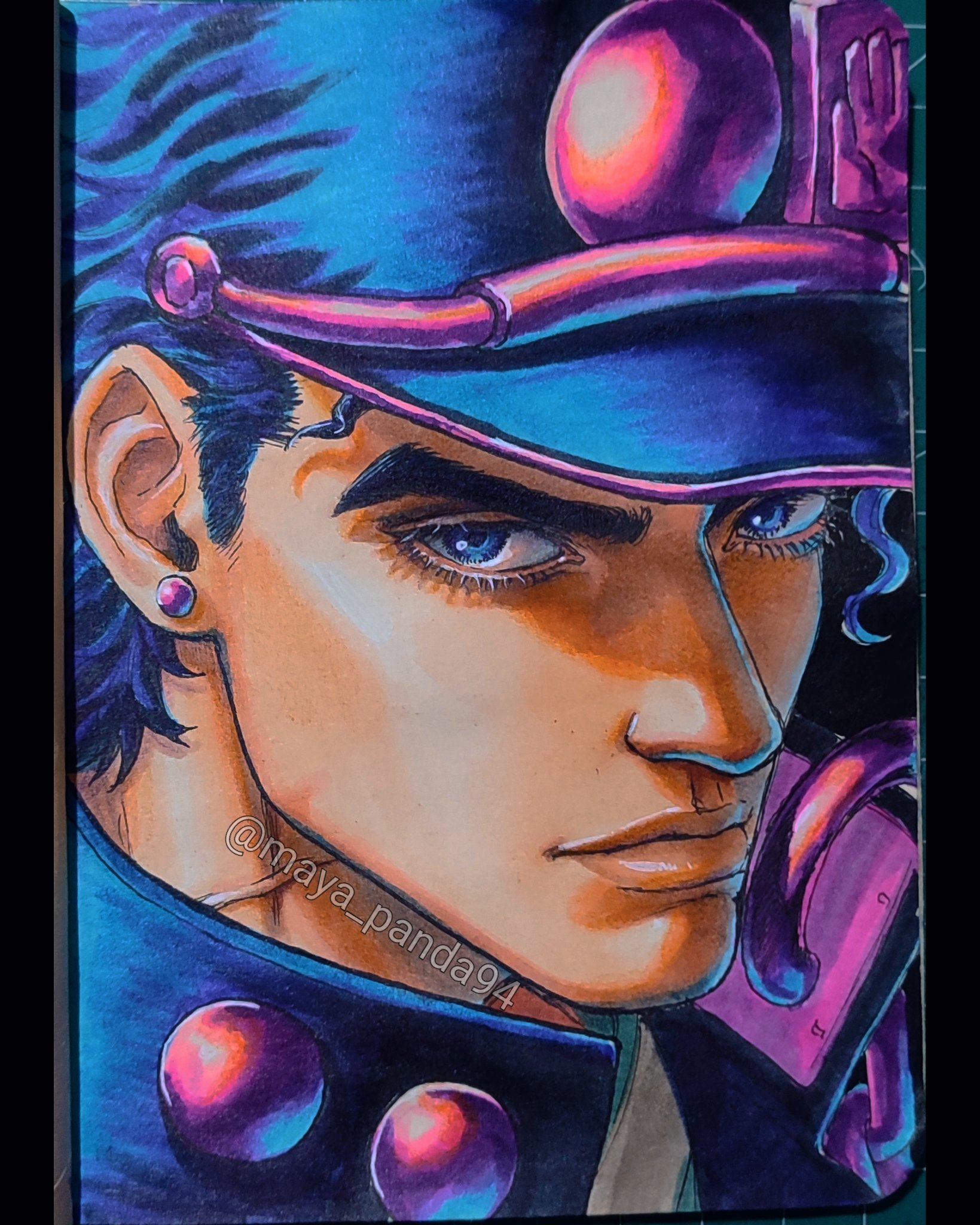 maya panda, kuujou joutarou, jojo no kimyou na bouken, stardust crusaders, commentary, highres, marker (medium), photo (medium), traditional media, 1boy, blue eyes, blue hair, blue hat, chain, closed mouth, earrings, eyelashes, gakuran, hat, high collar, jewelry, looking at viewer, male focus, peaked cap, portrait, school uniform, short hair, solo, stud earrings, thick eyebrows