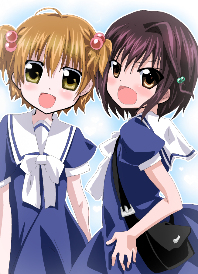 momoiro tanuki, miura haru, sasagawa kyouko, clannad, katekyo hitman reborn!, bad id, bad pixiv id, aged down, bag, blush, brown eyes, brown hair, cosplay, hair bobbles, hair ornament, handbag, looking back, school uniform, short hair, standing