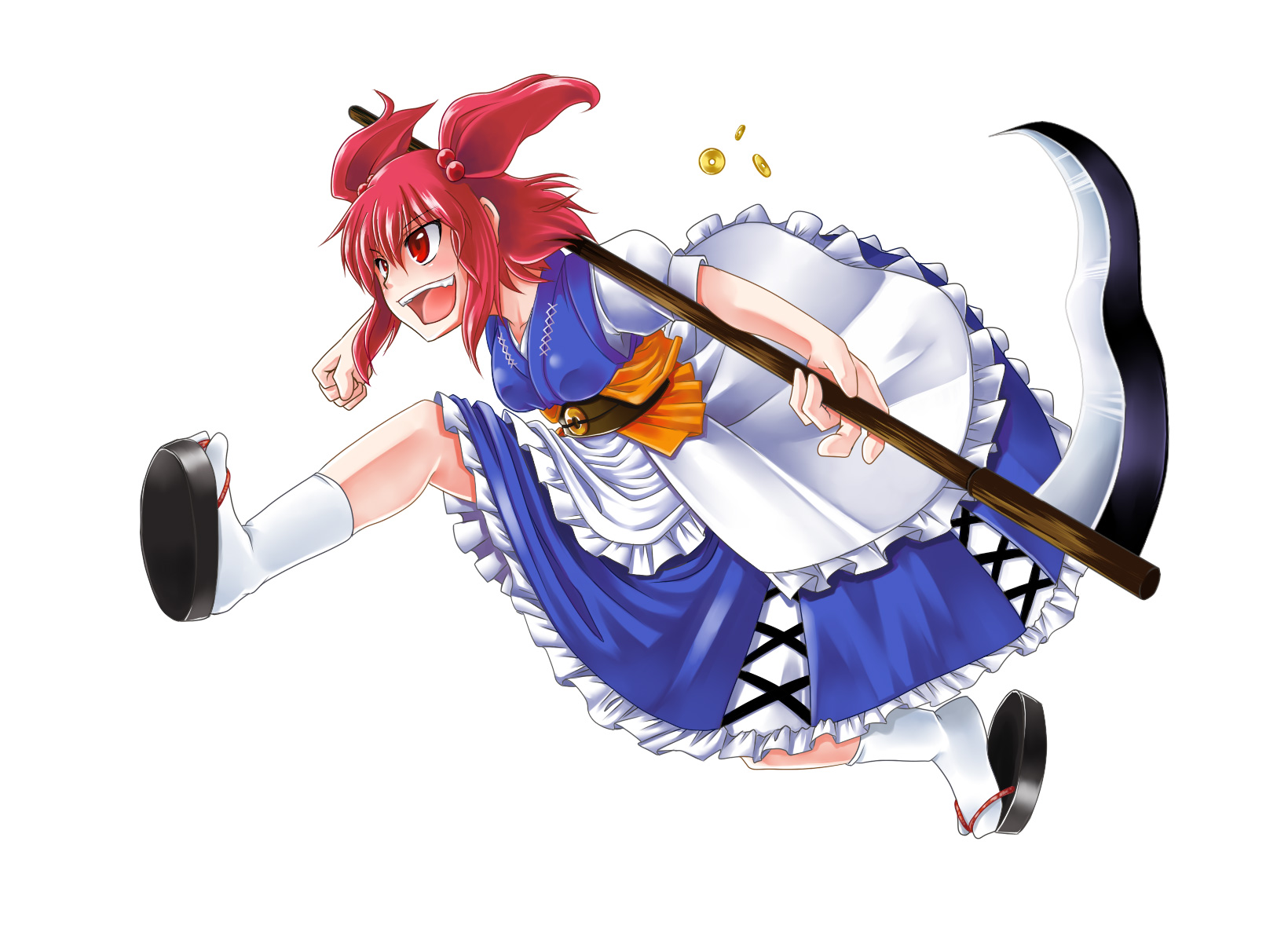 kuon846, kuon yashiro, onozuka komachi, touhou, highres, 1girl, clog sandals, female focus, okobo, platform sandals, red eyes, red hair, sandals, scythe, short hair, socks, solo, twintails, two side up