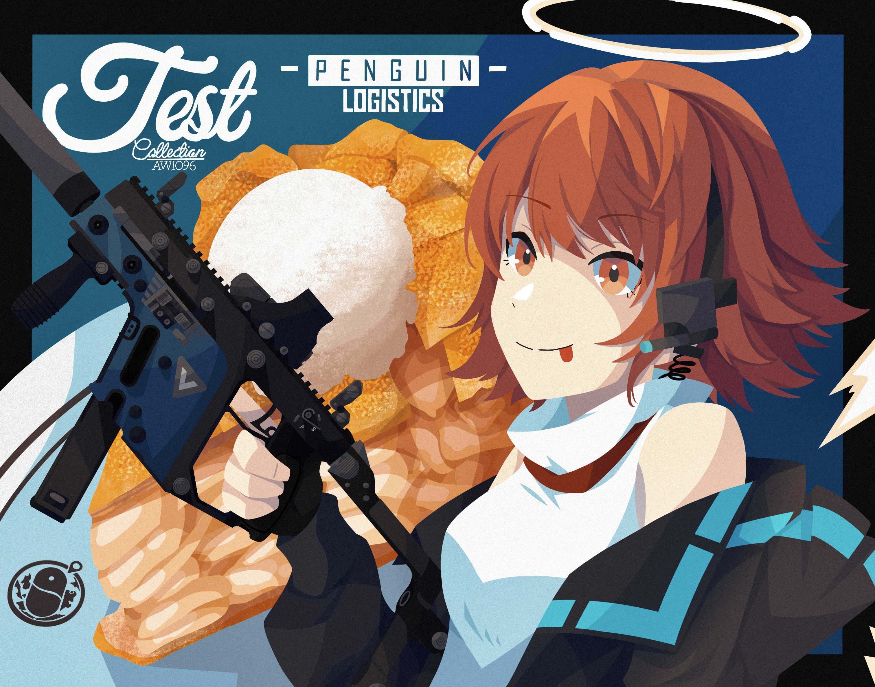 svenojilasity, exusiai (arknights), exusiai (midnight delivery) (arknights), arknights, commentary, english commentary, highres, 1girl, apple pie, black gloves, black jacket, closed mouth, detached wings, energy wings, fingerless gloves, food, gloves, gun, halo, headset, holding, holding gun, holding weapon, ice cream, jacket, kriss vector, official alternate costume, open clothes, open jacket, orange eyes, orange hair, penguin logistics logo, pie, shirt, short hair, smile, submachine gun, tongue, tongue out, traditional halo, turtleneck, turtleneck shirt, upper body, weapon, white shirt, wings, yellow halo