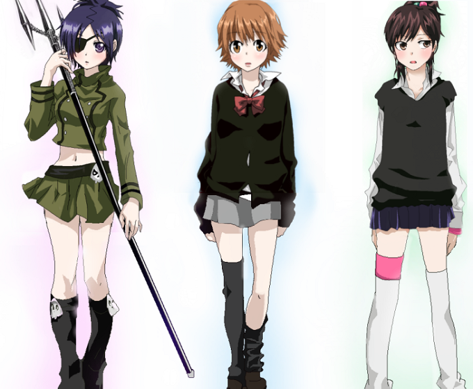 momoiro tanuki, chrome dokuro, miura haru, sasagawa kyouko, katekyo hitman reborn!, bad id, bad pixiv id, 00s, 3girls, black socks, black thighhighs, blush, boots, bow, bowtie, brown eyes, brown hair, dress shirt, kneehighs, midriff, miniskirt, multiple girls, polearm, ponytail, purple eyes, purple hair, school uniform, shirt, short hair, skirt, skull, socks, staff, standing, thighhighs, vest, weapon, white thighhighs
