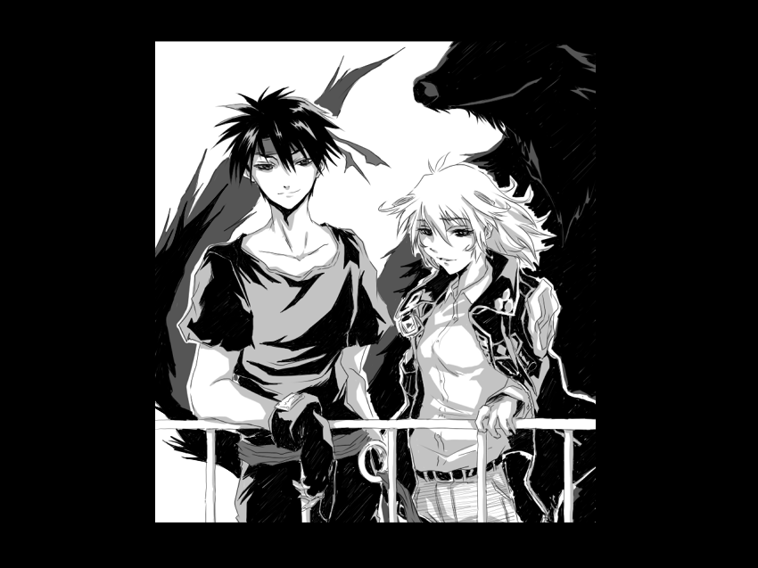 yuuki (yuuki333), cleo everlastin, orphen, majutsushi orphen, 1boy, 1girl, greyscale, headband, monochrome, short hair