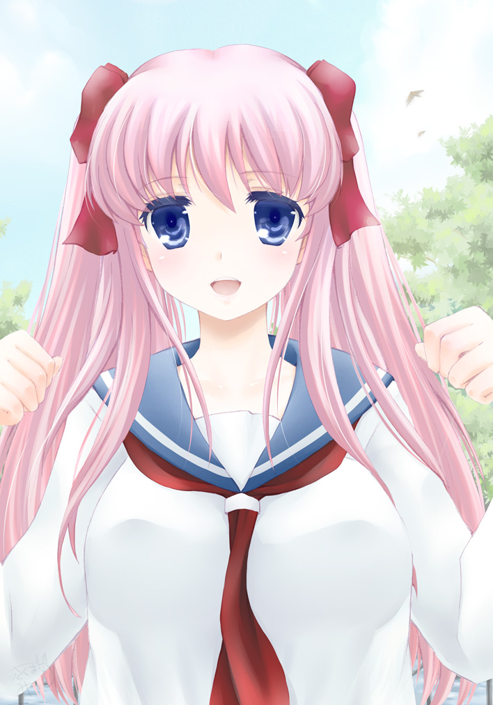 minyo, rudo, haramura nodoka, saki (manga), 00s, 1girl, blue eyes, blush, breasts, female focus, large breasts, pink hair, school uniform, serafuku, solo, twintails