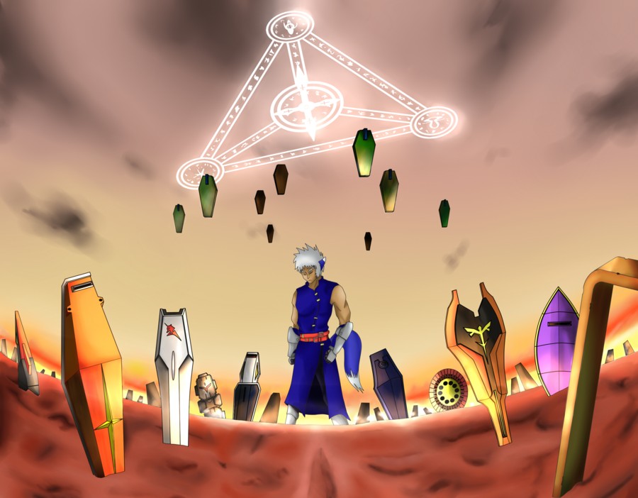 zafira, char's counterattack, fate/stay night, fate (series), gundam, gundam 00, gundam 0083, lyrical nanoha, mahou shoujo lyrical nanoha, mobile suit gundam, zeta gundam, annotated, bad id, bad pixiv id, commentary, 1boy, male focus, parody, shield, solo, tail, unlimited blade works (reality marble)