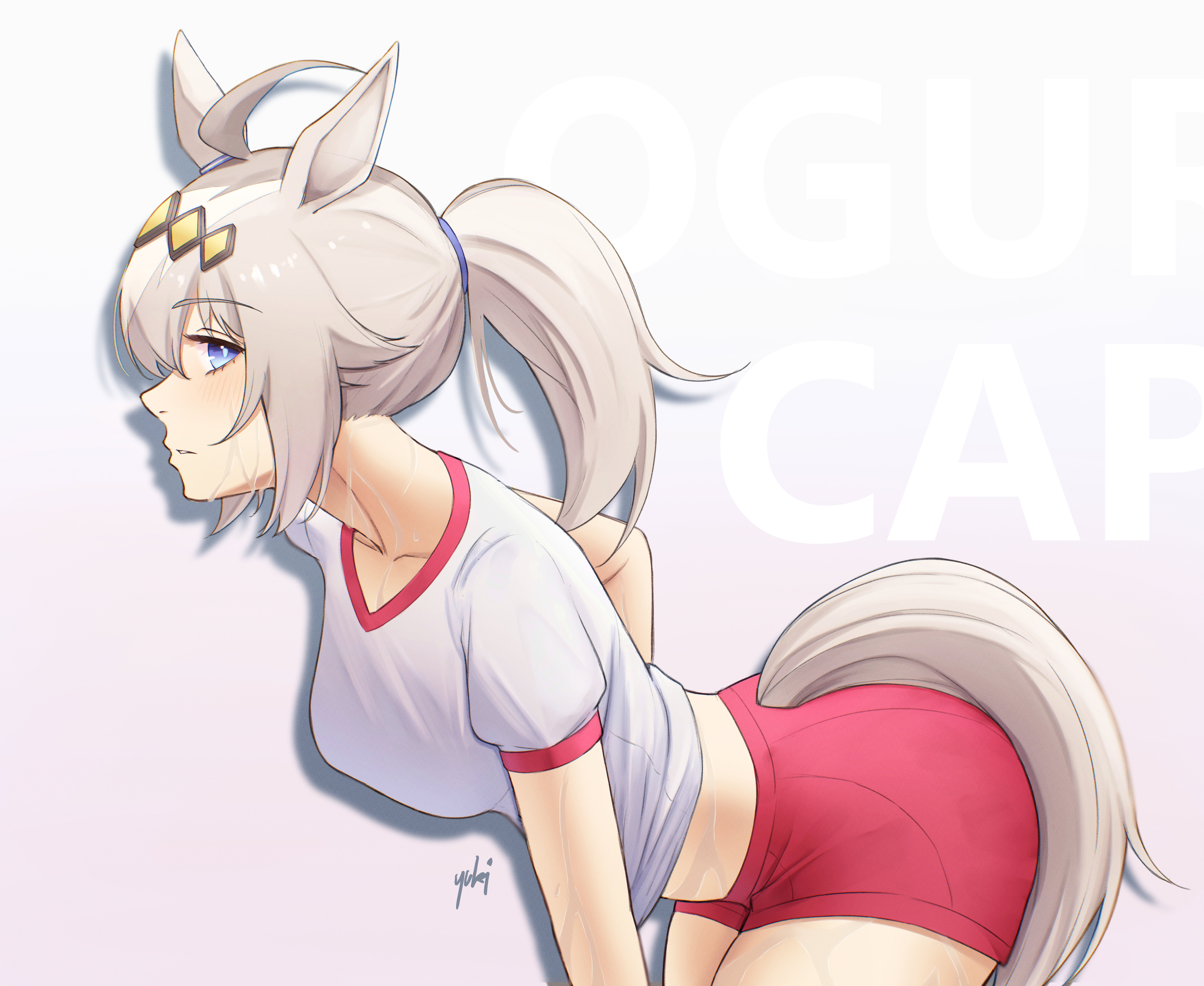 yuki (yuk1 94), oguri cap (umamusume), umamusume, absurdres, commentary, highres, 1girl, alternate costume, animal ears, blue eyes, blush, breasts, grey hair, horse ears, horse girl, horse tail, large breasts, leaning forward, looking at viewer, midriff, original race uniform (umamusume), pink shorts, ponytail, shirt, short sleeves, shorts, sideways glance, simple background, solo, sweat, tail, thick thighs, thighs, white background, white shirt