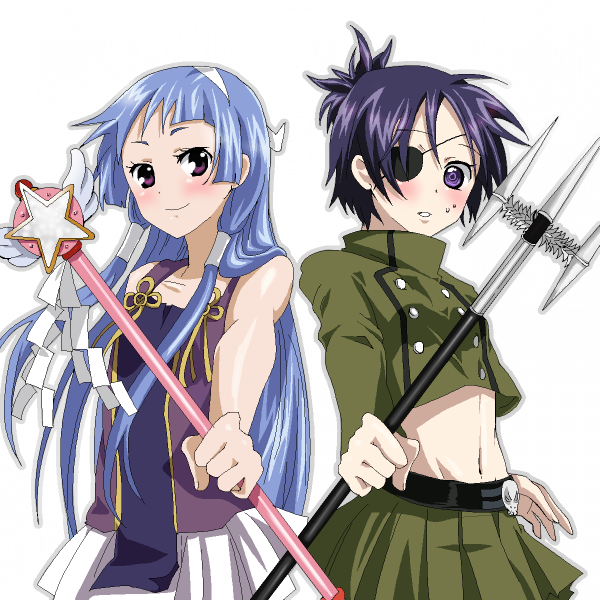 momoiro tanuki, chrome dokuro, nagi, kannagi, katekyo hitman reborn!, bad id, bad pixiv id, 00s, 2girls, blue hair, blunt bangs, blush, crossover, dress, eyepatch, hairband, long hair, midriff, multiple girls, navel, polearm, purple eyes, purple hair, school uniform, short hair, skull, staff, wand, weapon