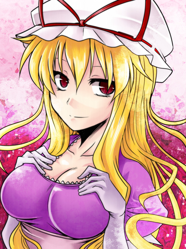 kuon846, kuon yashiro, yakumo yukari, touhou, bad id, bad pixiv id, 1girl, blonde hair, breasts, cleavage, elbow gloves, female focus, gloves, hat, long hair, red eyes, solo