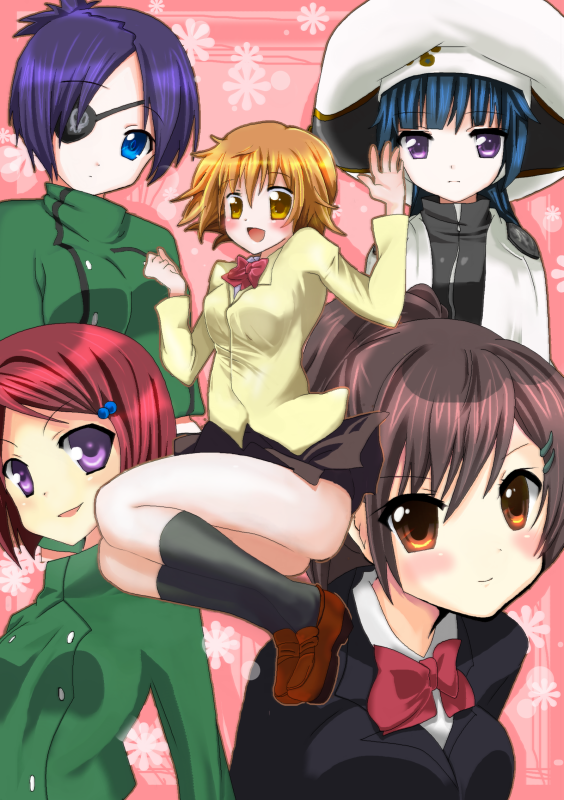 momoiro tanuki, chrome dokuro, m.m., miura haru, sasagawa kyouko, uni (reborn), katekyo hitman reborn!, bad id, bad pixiv id, 00s, 5girls, black socks, blazer, blue hair, blush, bow, bowtie, brown eyes, brown hair, dress shirt, hat, jacket, kneehighs, miniskirt, multiple girls, ponytail, purple eyes, purple hair, red hair, school uniform, shirt, short hair, skirt, smile, socks
