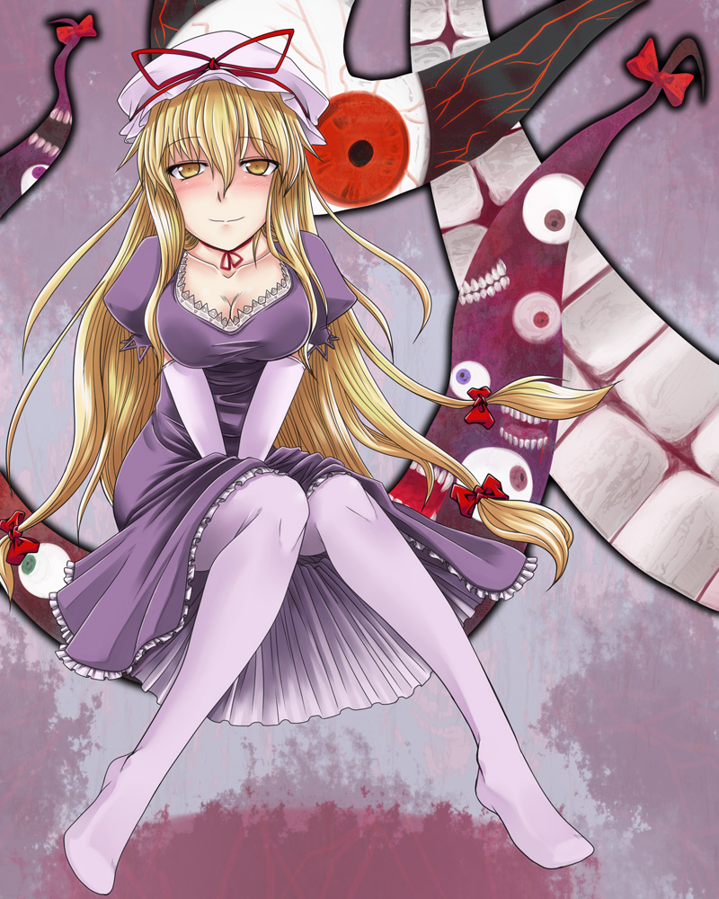 kuon846, kuon yashiro, yakumo yukari, touhou, bad id, bad pixiv id, 1girl, blonde hair, blush, breasts, cleavage, elbow gloves, feet, female focus, gap (touhou), gloves, hair ribbon, hat, large breasts, legs, long hair, pantyhose, ribbon, solo, thighhighs, yellow eyes