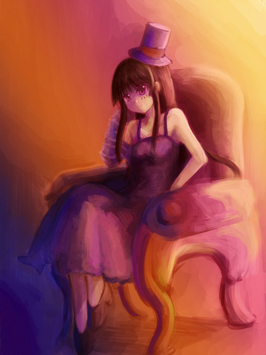 r2sais, akiyama mio, don't say "lazy", k-on!, bad id, bad pixiv id, highres, 00s, 1girl, black hair, blunt bangs, chair, dress, female focus, hat, hime cut, long hair, mini hat, mini top hat, solo, top hat