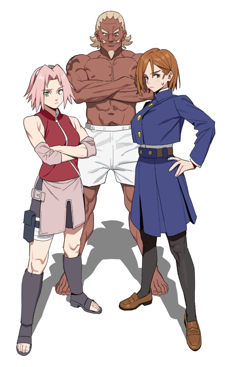 cyjalway, a (naruto), haruno sakura, kugisaki nobara, jujutsu kaisen, highres, 1boy, 2girls, abs, arm tattoo, blonde hair, breasts, brown eyes, brown hair, crossed arms, crossover, dark-skinned male, dark skin, detached sleeves, facial hair, feet, full body, hand on own hip, large breasts, multiple girls, muscular, muscular male, mustache, pantyhose, pink hair, shoes, shorts, skirt, smile, sweatdrop, tattoo, toeless legwear, white background