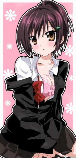 momoiro tanuki, miura haru, katekyo hitman reborn!, bad id, bad pixiv id, 00s, 1girl, blazer, blush, bow, bow bra, bowtie, bra, brown eyes, brown hair, dress shirt, female focus, hair ornament, hairclip, jacket, lace, lace-trimmed bra, lace trim, lingerie, miniskirt, open clothes, open shirt, pink bra, ponytail, shirt, skirt, solo, underwear