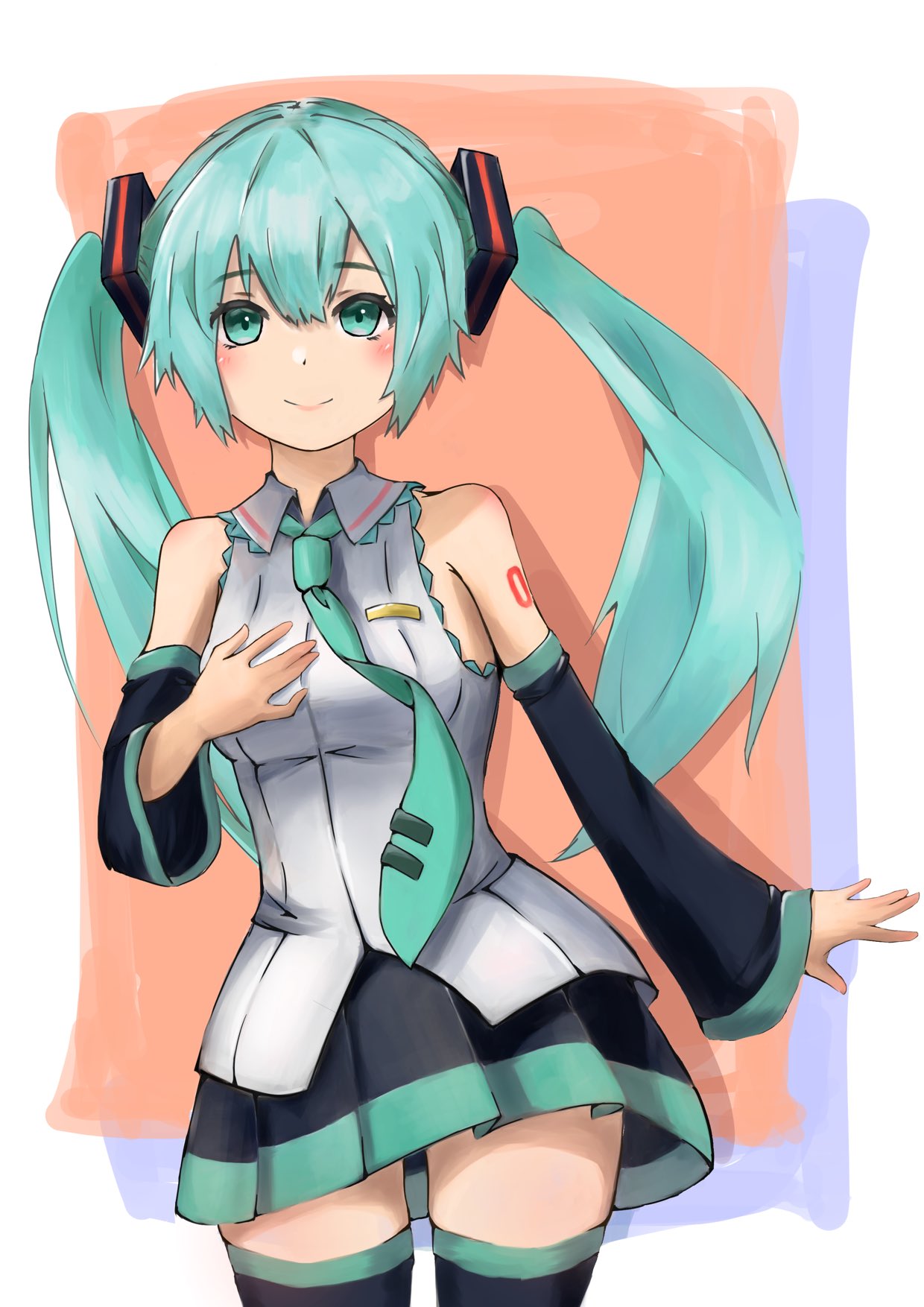 kinakollll, hatsune miku, vocaloid, highres, 1girl, aqua eyes, aqua hair, bare shoulders, black skirt, breasts, cowboy shot, detached sleeves, hair ornament, hand on own chest, long hair, looking at viewer, miniskirt, necktie, pleated skirt, shirt, shoulder tattoo, skirt, sleeveless, sleeveless shirt, small breasts, smile, solo, tattoo, thighhighs, twintails, very long hair, zettai ryouiki