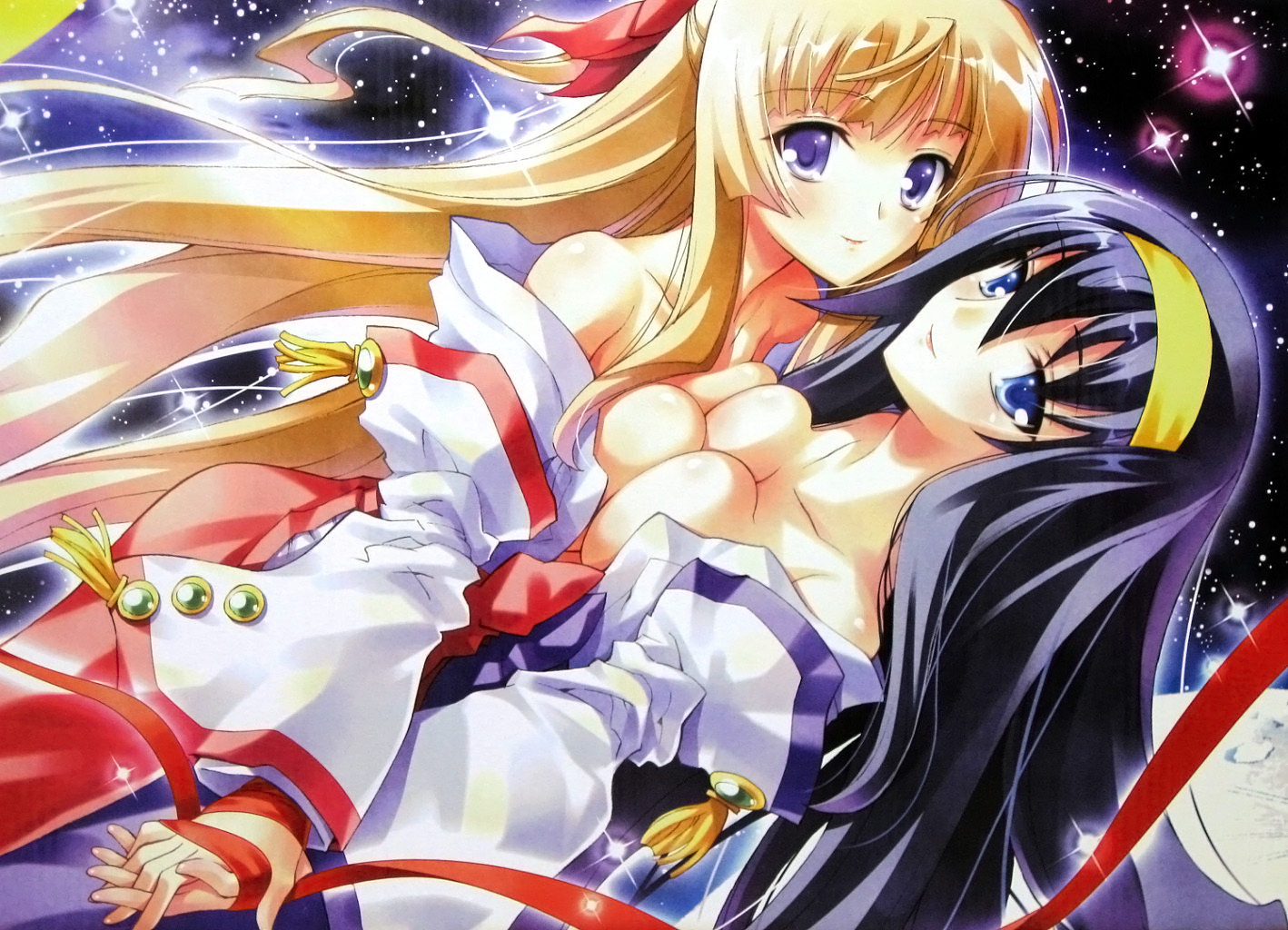 kaishaku, himemiya chikane, kurusugawa himeko, kannazuki no miko, light brown hair, official art, 00s, 2girls, bare shoulders, black hair, blue eyes, bow, breast press, breasts, breasts out, cleavage, couple, female focus, hairband, half updo, holding hands, interlocked fingers, japanese clothes, large breasts, long hair, looking at viewer, miko, multiple girls, neck, off shoulder, open clothes, purple eyes, red bow, red ribbon, ribbon, sky, smile, star (sky), starry sky, symmetrical docking, undressing, wide sleeves, yellow hairband, yuri