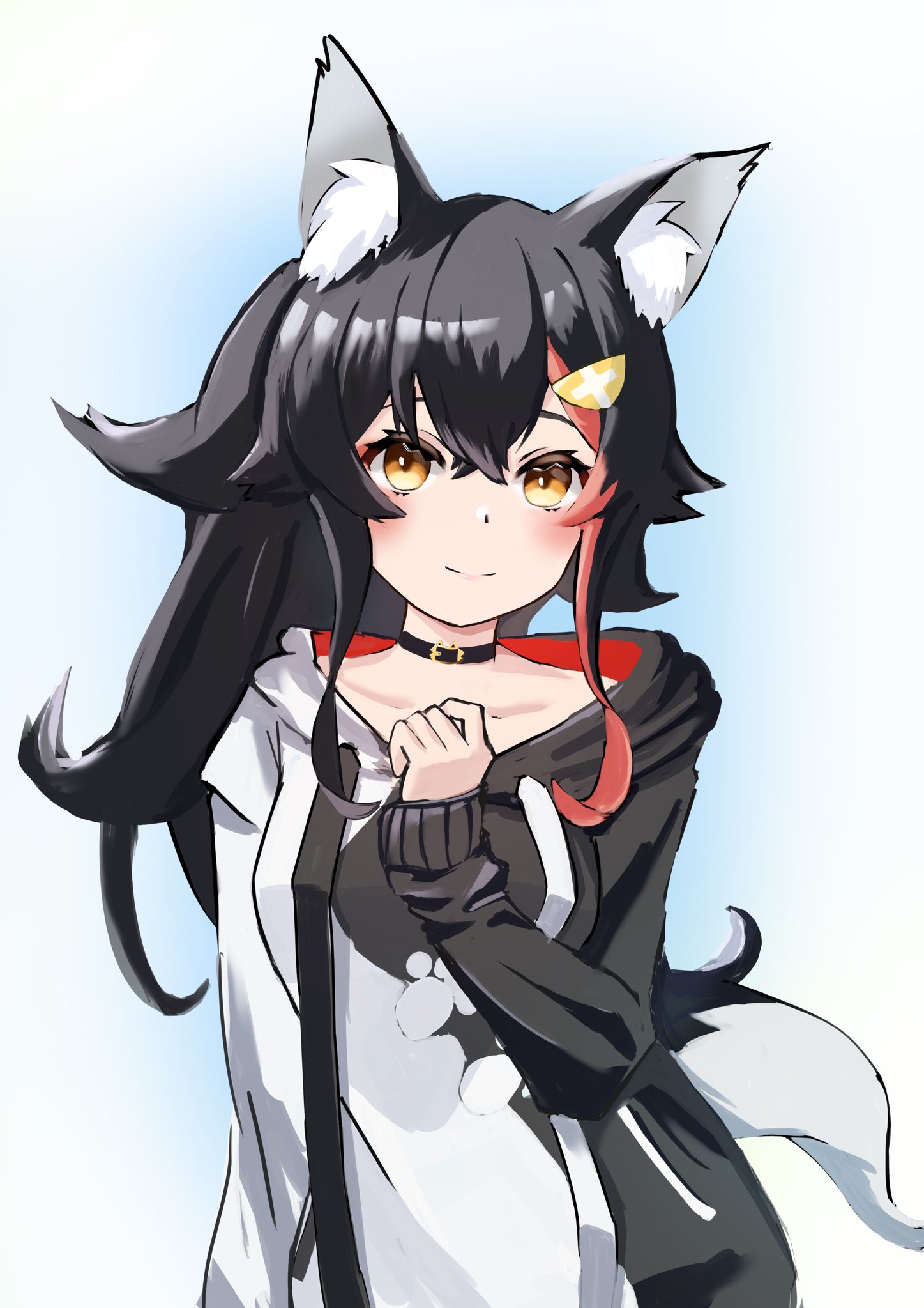 kinakollll, ookami mio, ookami mio (hoodie), hololive, highres, 1girl, animal ear fluff, animal ears, black hair, blue background, choker, closed mouth, gradient background, hair ornament, hood, hood down, hoodie, long hair, long sleeves, looking at viewer, multicolored hair, red hair, smile, solo, streaked hair, tail, virtual youtuber, wolf ears, wolf tail
