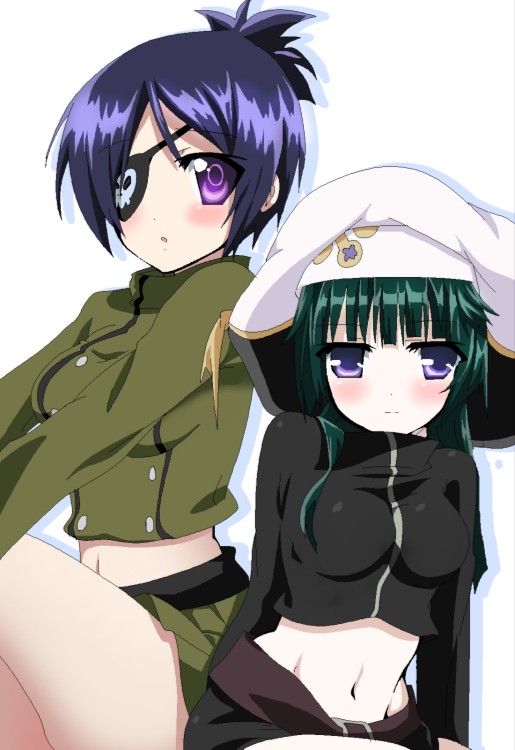 momoiro tanuki, chrome dokuro, uni (reborn), katekyo hitman reborn!, bad id, bad pixiv id, 00s, 2girls, blush, eyepatch, green hair, hat, long hair, long sleeves, midriff, miniskirt, multiple girls, navel, purple eyes, purple hair, short hair, sitting, skirt