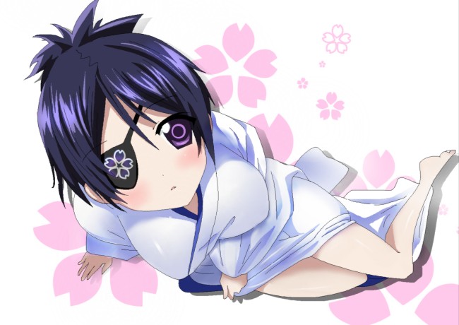 momoiro tanuki, chrome dokuro, katekyo hitman reborn!, bad id, bad pixiv id, 00s, 1girl, arm support, blue hair, blush, breasts, eyepatch, female focus, full body, japanese clothes, lying, on side, purple eyes, short hair, solo, white background