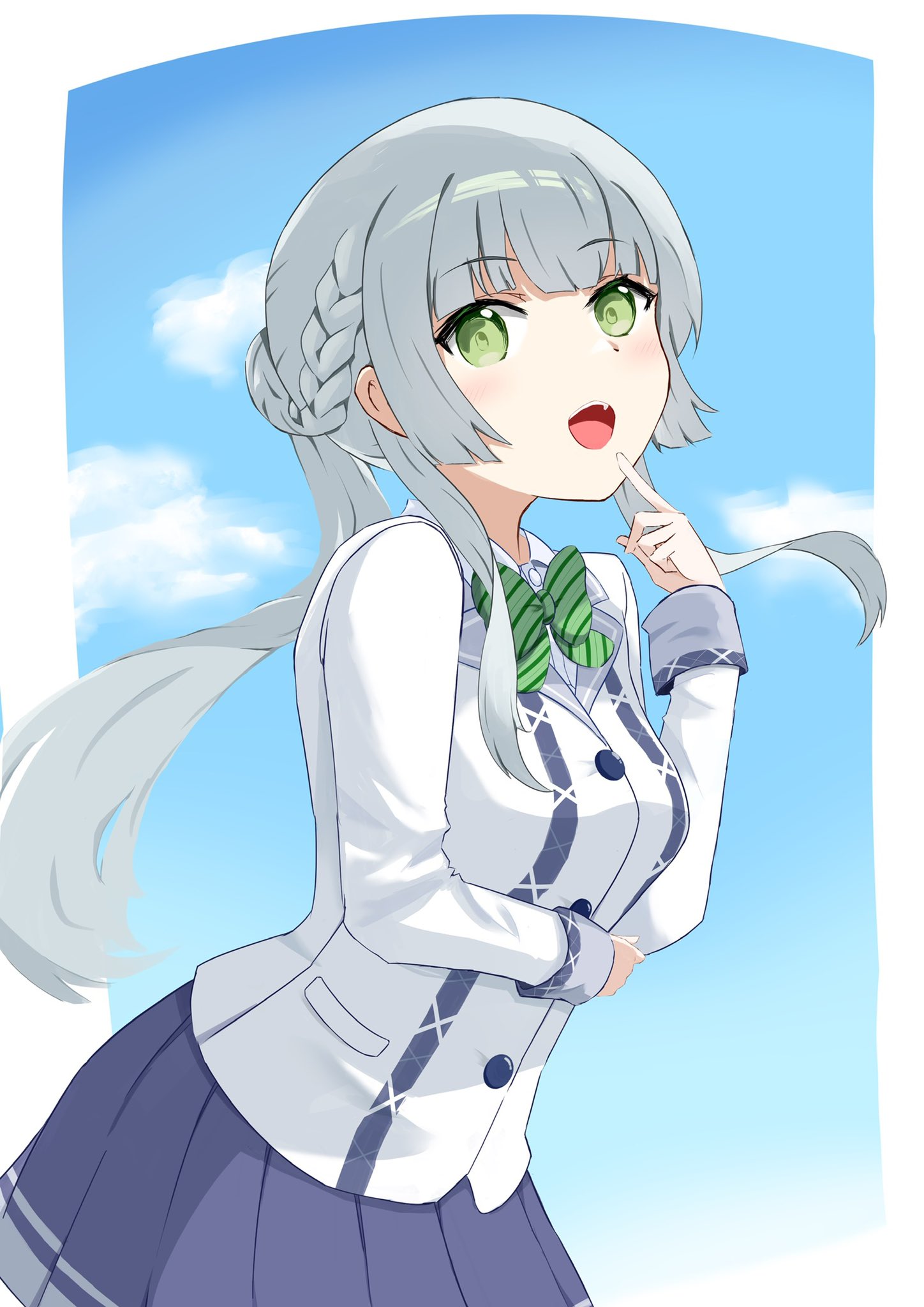 kinakollll, kashiwagi saki, ongeki, highres, 1girl, blazer, blue skirt, blue sky, blush, bow, bowtie, braid, breasts, day, food, green bow, green eyes, index finger raised, jacket, long hair, long sleeves, looking at viewer, open mouth, pleated skirt, school uniform, shirt, sidelocks, skirt, sky, solo, white jacket, white shirt