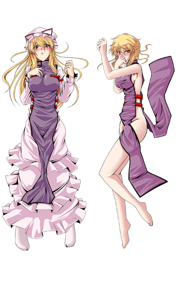 kuon846, kuon yashiro, yakumo yukari, touhou, bad id, bad pixiv id, 1girl, barefoot, blonde hair, blush, breasts, female focus, hat, large breasts, legs, long hair, naked tabard, red eyes, sideboob, tabard