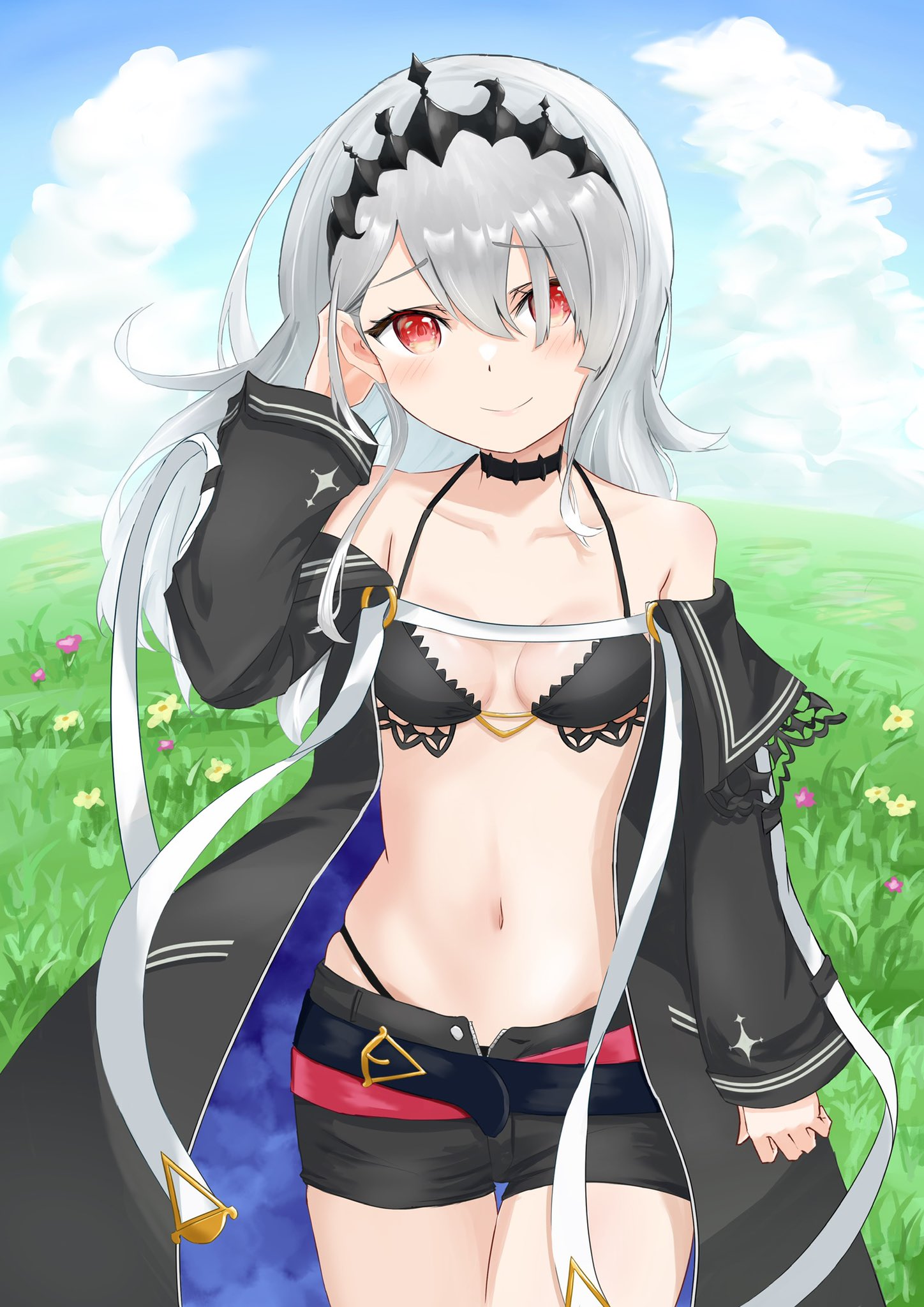 kinakollll, sumeragi setsuna, ongeki, highres, 1girl, bare shoulders, bikini, bikini top only, black choker, black shorts, blue sky, breasts, choker, closed mouth, cloud, collarbone, cowboy shot, day, detached sleeves, flower, grass, hair between eyes, hand in own hair, long hair, long sleeves, looking at viewer, navel, off shoulder, open clothes, outdoors, red eyes, short shorts, shorts, sky, small breasts, smile, solo, standing, stomach, swimsuit