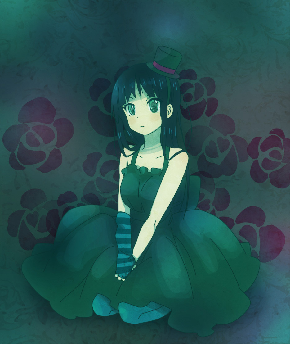 negitama (nagi), akiyama mio, don't say "lazy", k-on!, striped, bad id, bad pixiv id, 00s, 1girl, bare shoulders, black hair, blue pantyhose, blunt bangs, dress, female focus, gothic lolita, hat, hime cut, instrument, lolita fashion, long hair, mini hat, mini top hat, pantyhose, seiza, sitting, solo, top hat, v arms