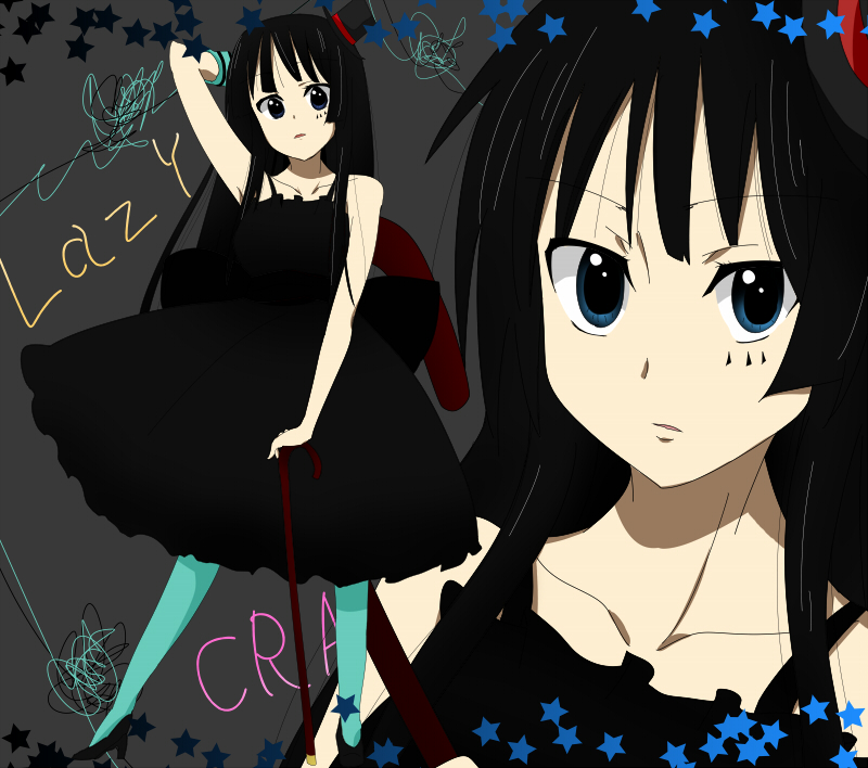 shiratori serano, akiyama mio, don't say "lazy", k-on!, bad id, bad pixiv id, 00s, 1girl, black hair, blue eyes, blue pantyhose, blunt bangs, female focus, gothic lolita, hat, hime cut, lolita fashion, long hair, mini hat, mini top hat, pantyhose, solo, top hat