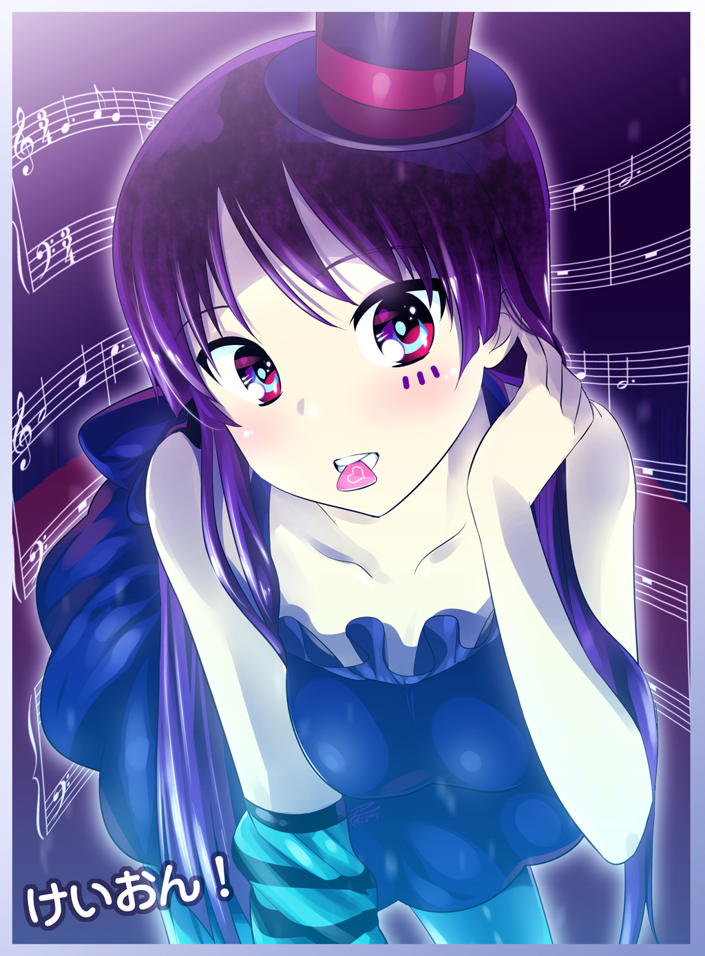 zpolice, akiyama mio, don't say "lazy", k-on!, striped, bad id, bad pixiv id, highres, making-of available, 00s, 1girl, black hair, blue pantyhose, blunt bangs, blush, dress, facepaint, female focus, gothic lolita, hat, hime cut, lolita fashion, mini hat, mini top hat, mouth hold, musical note, pantyhose, plectrum, solo, thai text, top hat