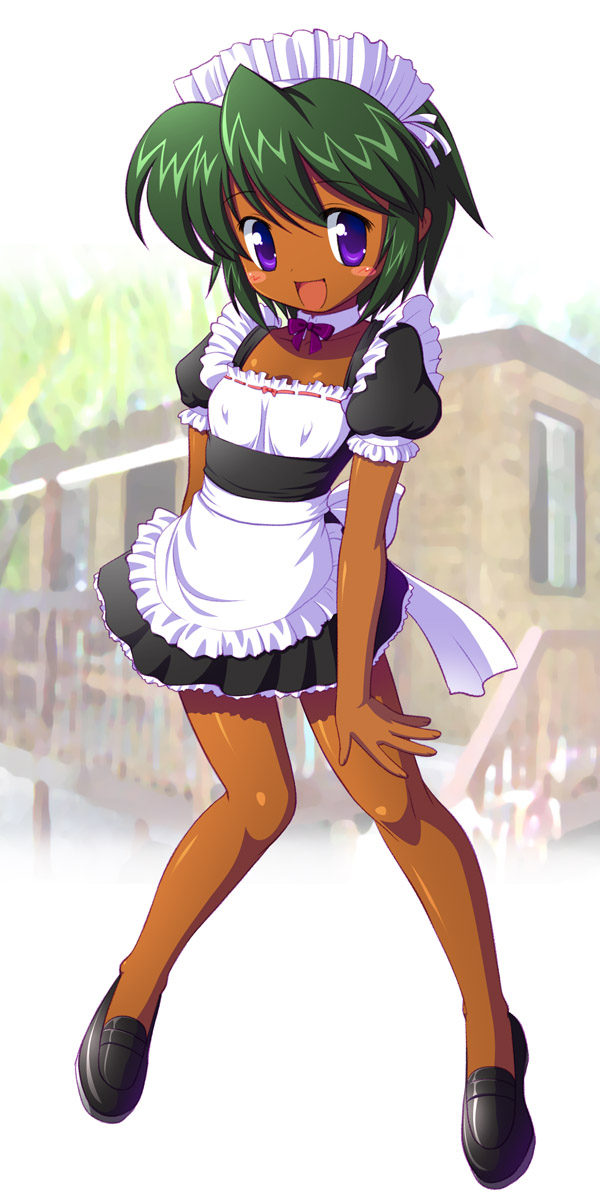 tanuki yousuke, highres, 1girl, blush, covered erect nipples, dark-skinned female, dark skin, female focus, green hair, maid, maid headdress, open mouth, purple eyes, short hair, skirt, solo