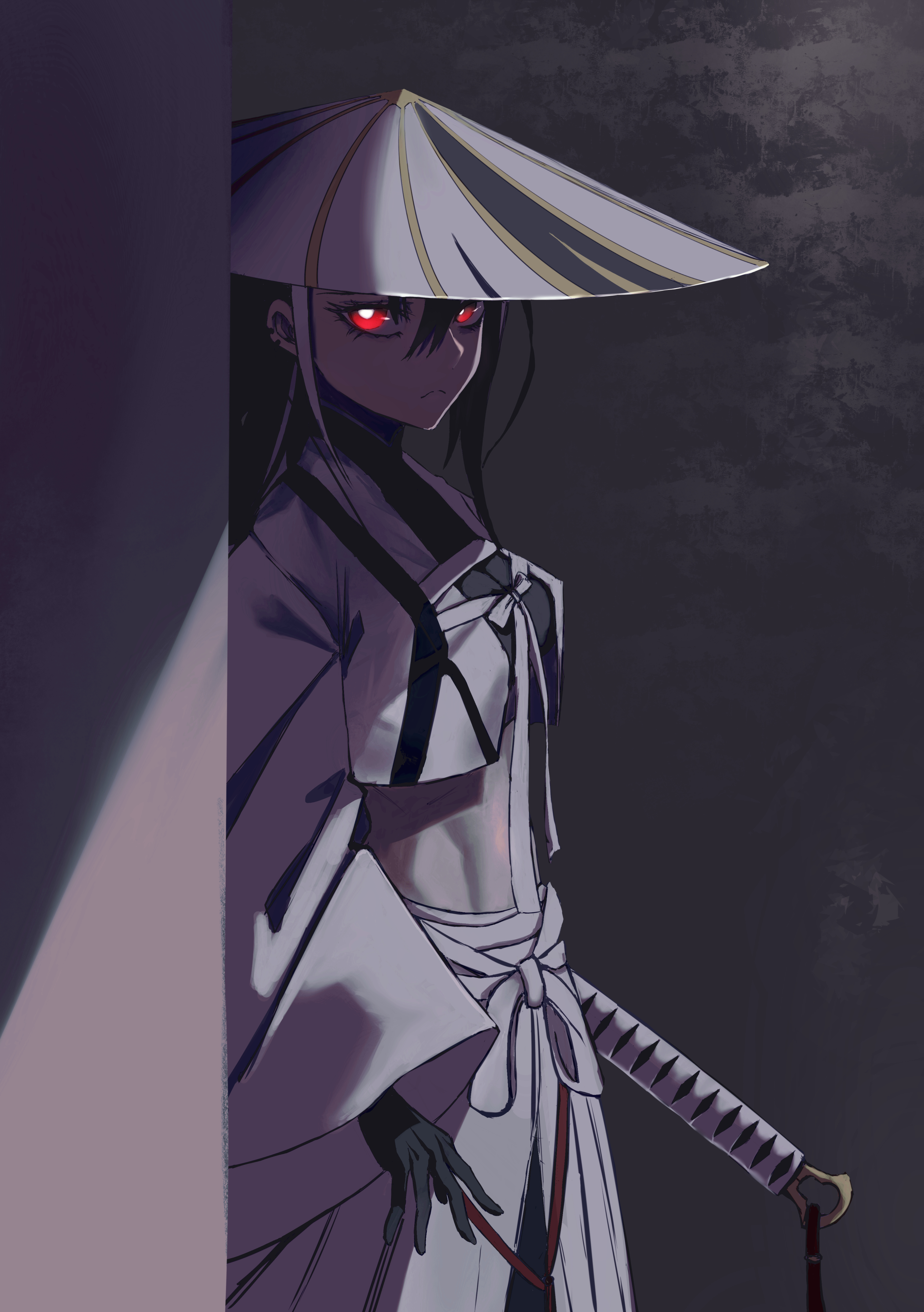 kawakami gensai (fate), kawakami gensai (third ascension) (fate), fate/grand order, fate (series), absurdres, commentary request, highres, tagme, 1girl, black gloves, chake, crop top, gloves, hat, midriff, red eyes, scabbard, sheath, solo, weapon, white hat