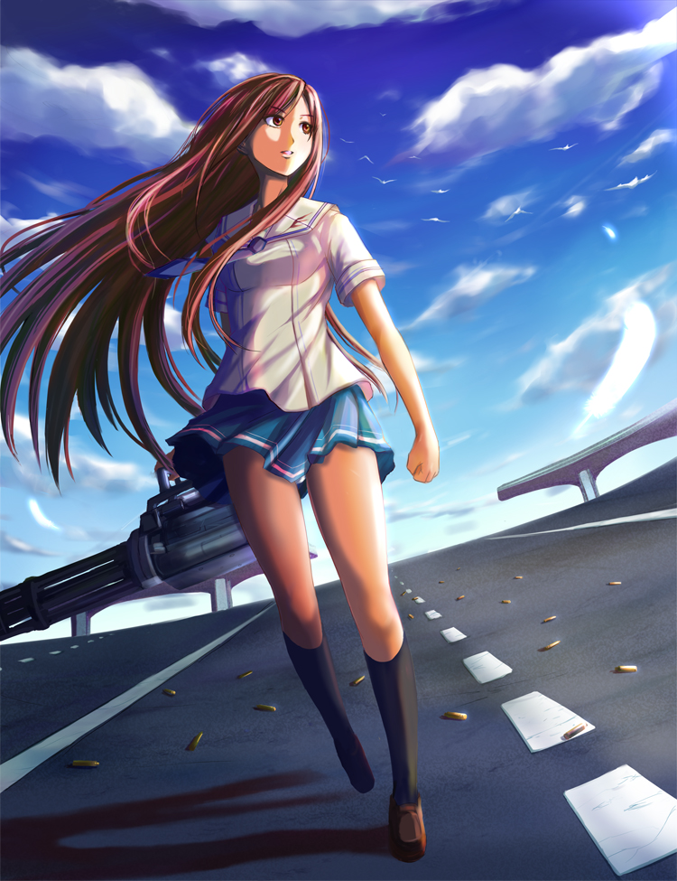 yukitarou, original, bad id, bad pixiv id, 1girl, bird, brown eyes, brown hair, bullet, cloud, day, dutch angle, female focus, freeway, gatling gun, gun, highway, long hair, minigun, school uniform, shell casing, skirt, sky, solo, walking, weapon