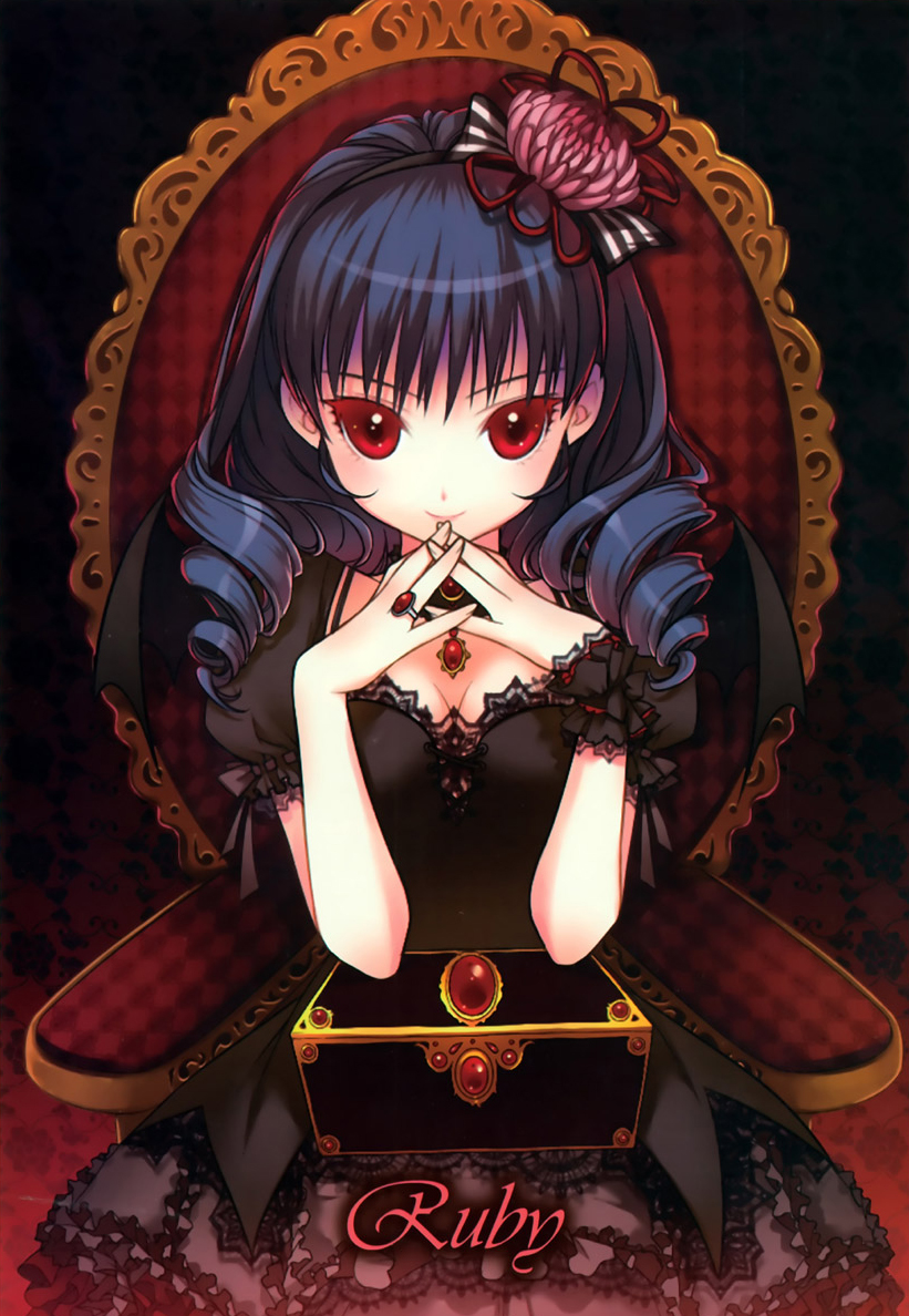shirahane nao, ruby (dmyotic), dmyotic, 1girl, black hair, dress, drill hair, female focus, gothic lolita, lolita fashion, red eyes, solo
